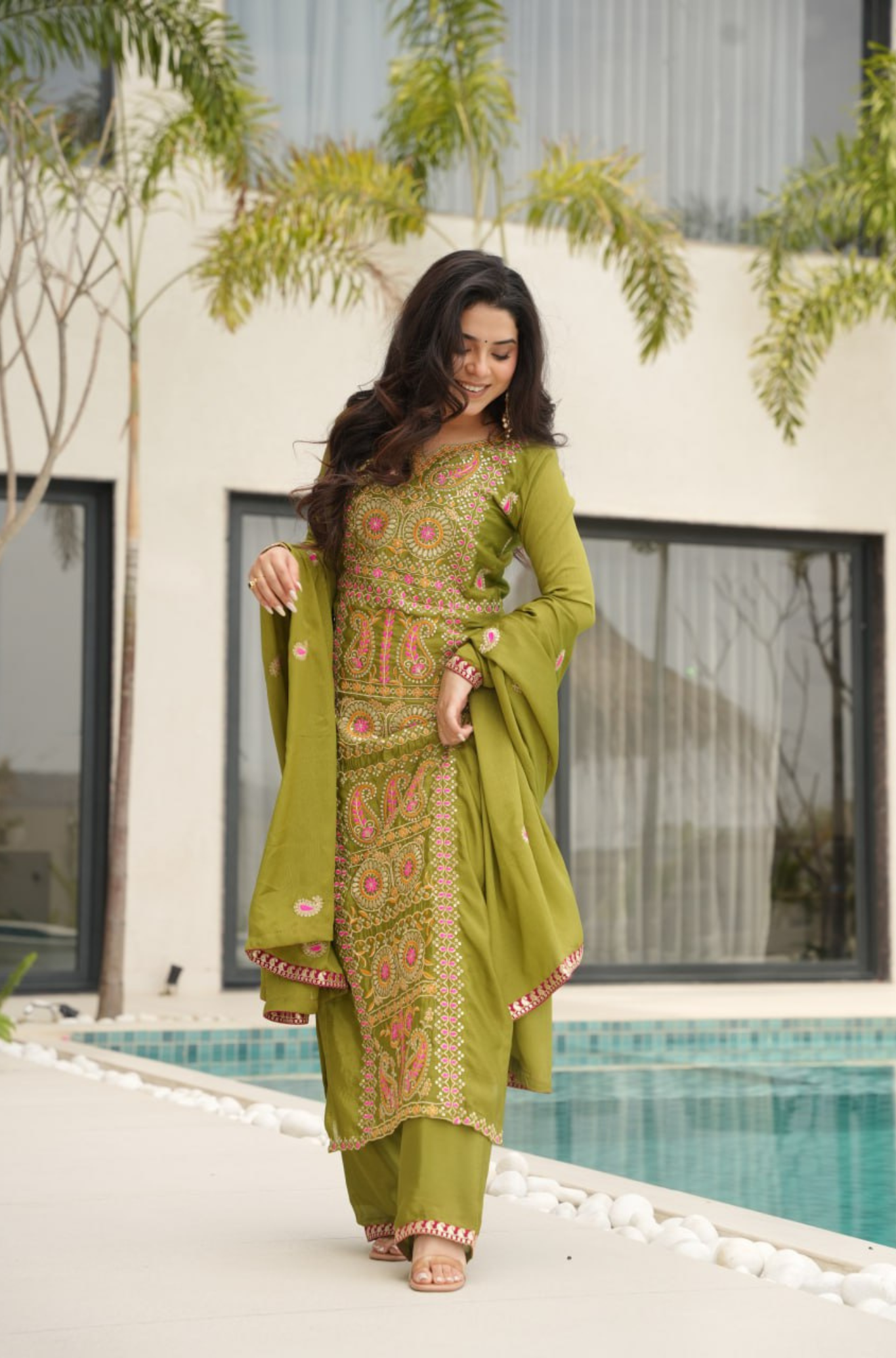 Designer Embroidered Kurta Pant Set with Dupatta