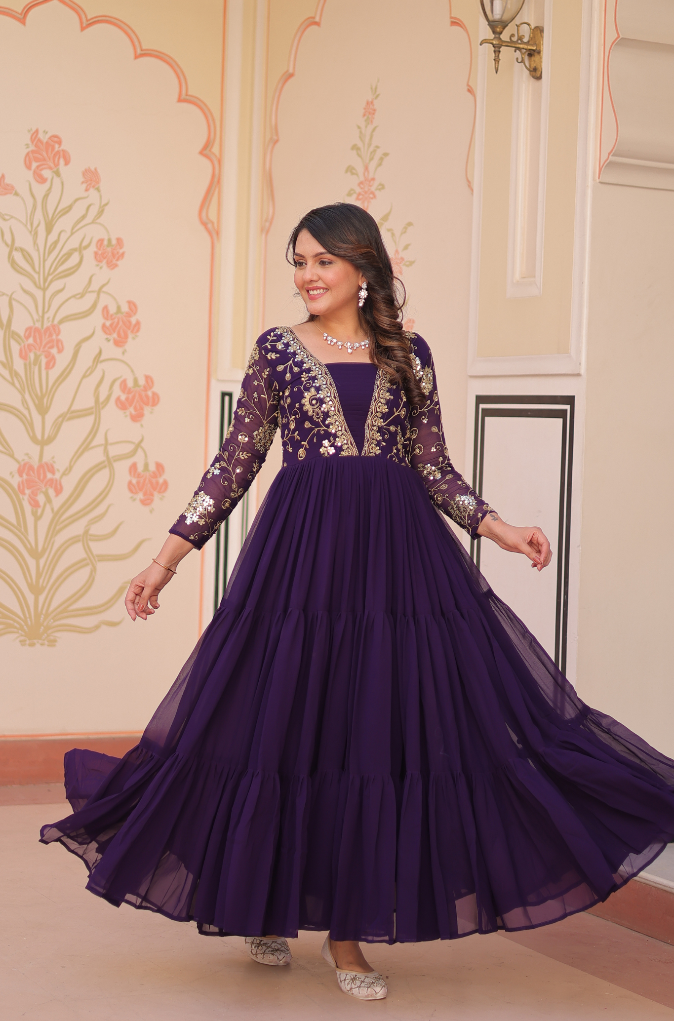 Women's Designer Embroidered Tiered Anarkali Gown