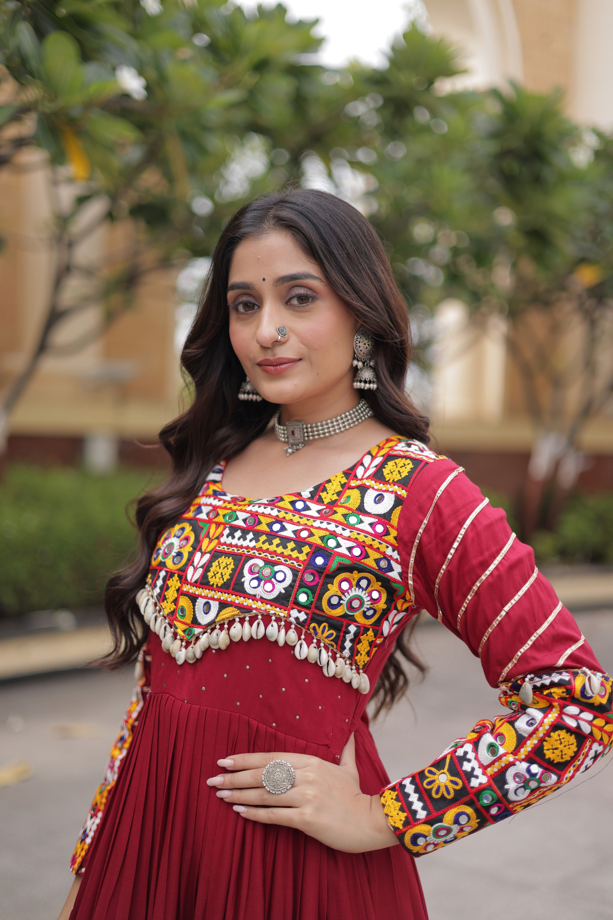 Designer Navratri Anarkali Gown with Traditional Handcrafted Yoke & Tassel Detailing