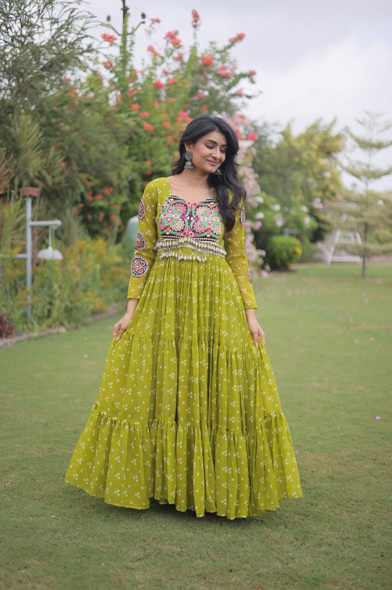 Women's Handcrafted Mirror Work Tiered Anarkali Gown