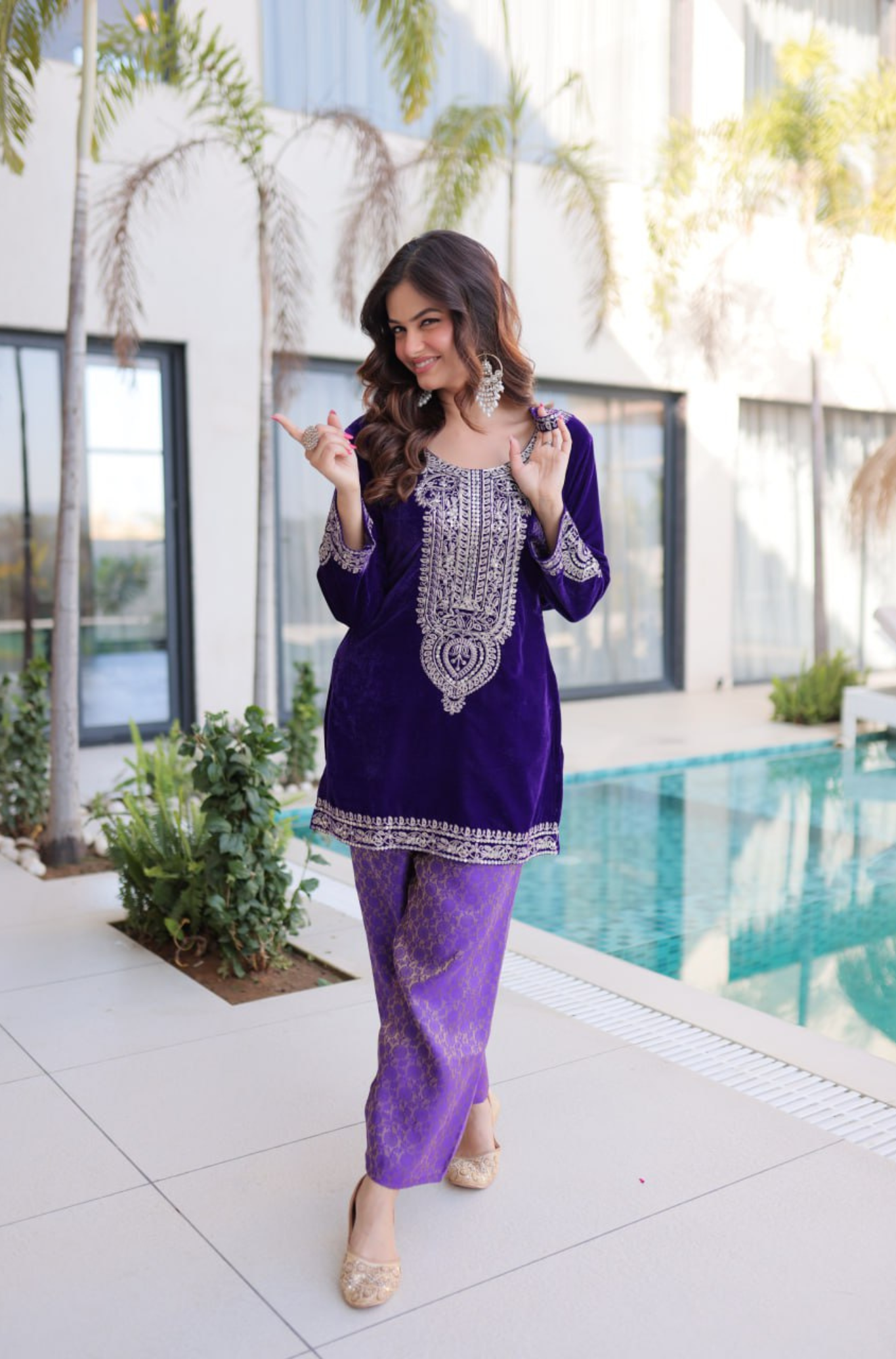 Designer Velvet Kurti Palazzo Set with Potli Bag for Women