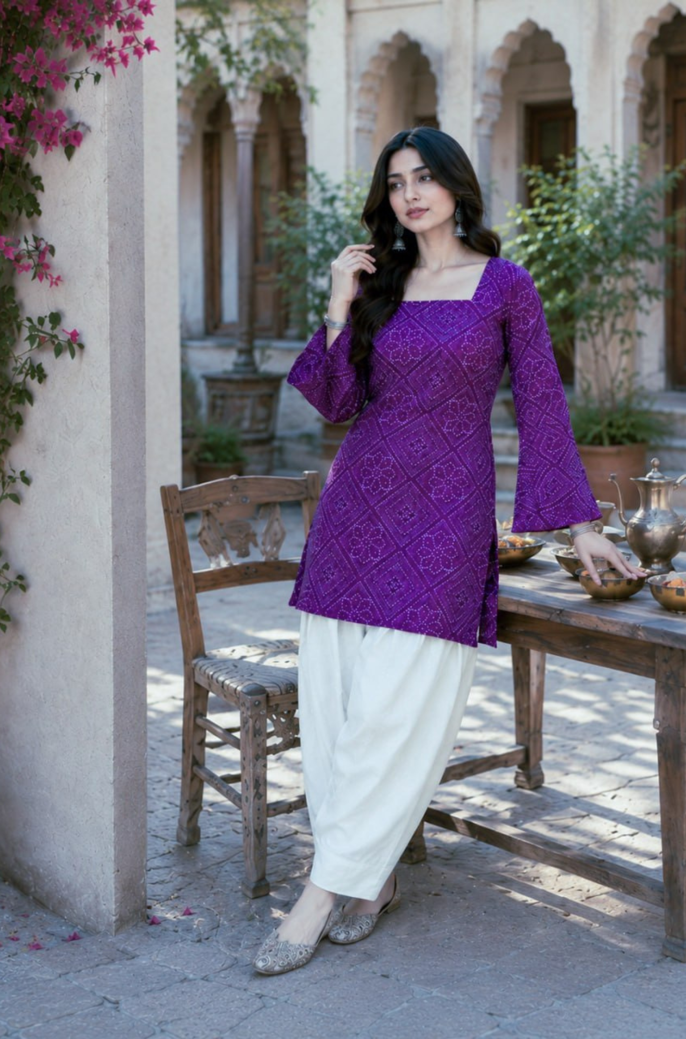 Women's Designer Bandhani Print Cotton Short Kurti Set
