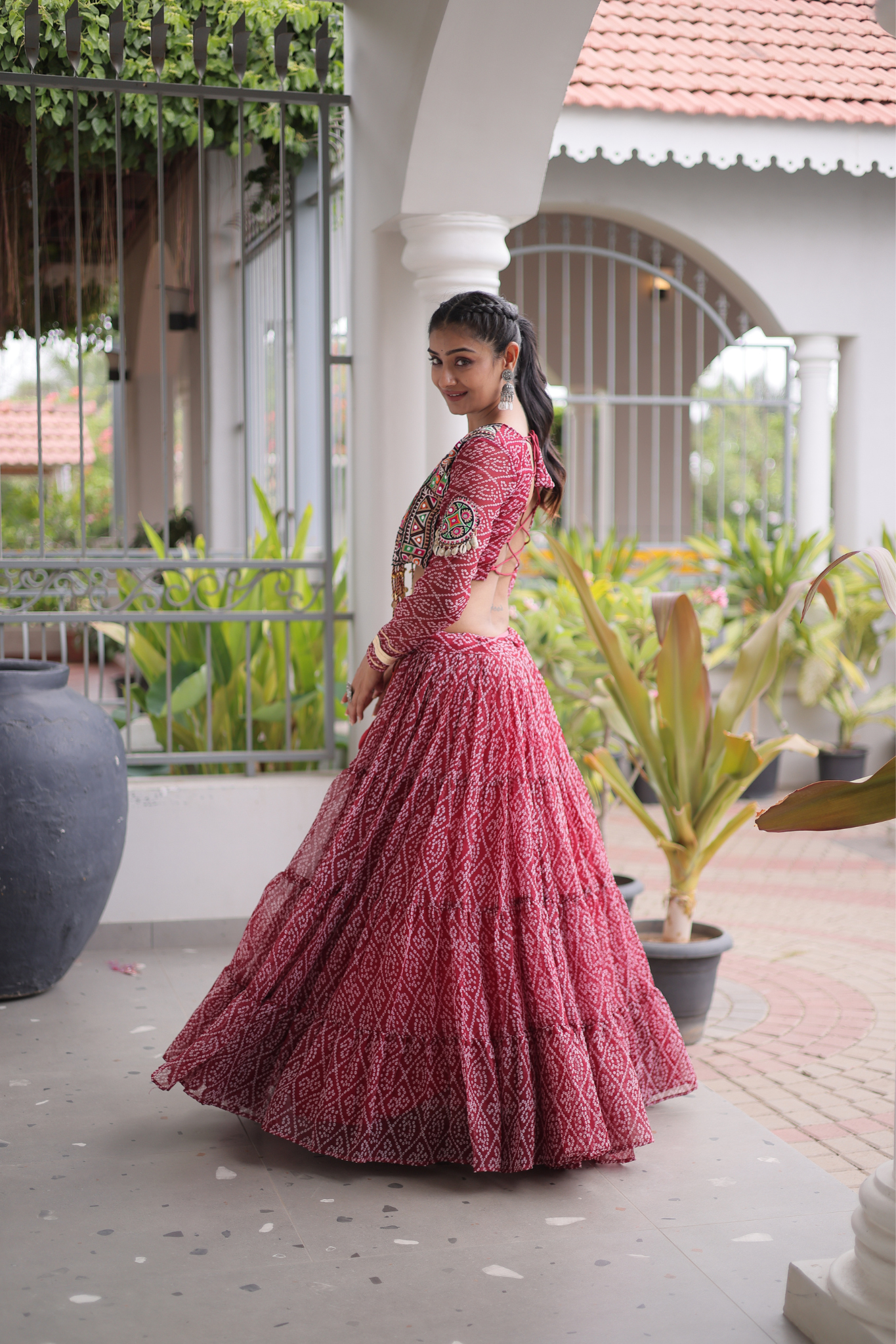 Women's Bandhani Printed Navratri Lehenga Choli Set with Kutchi Gamthi Embroidered Mirror Work Blouse