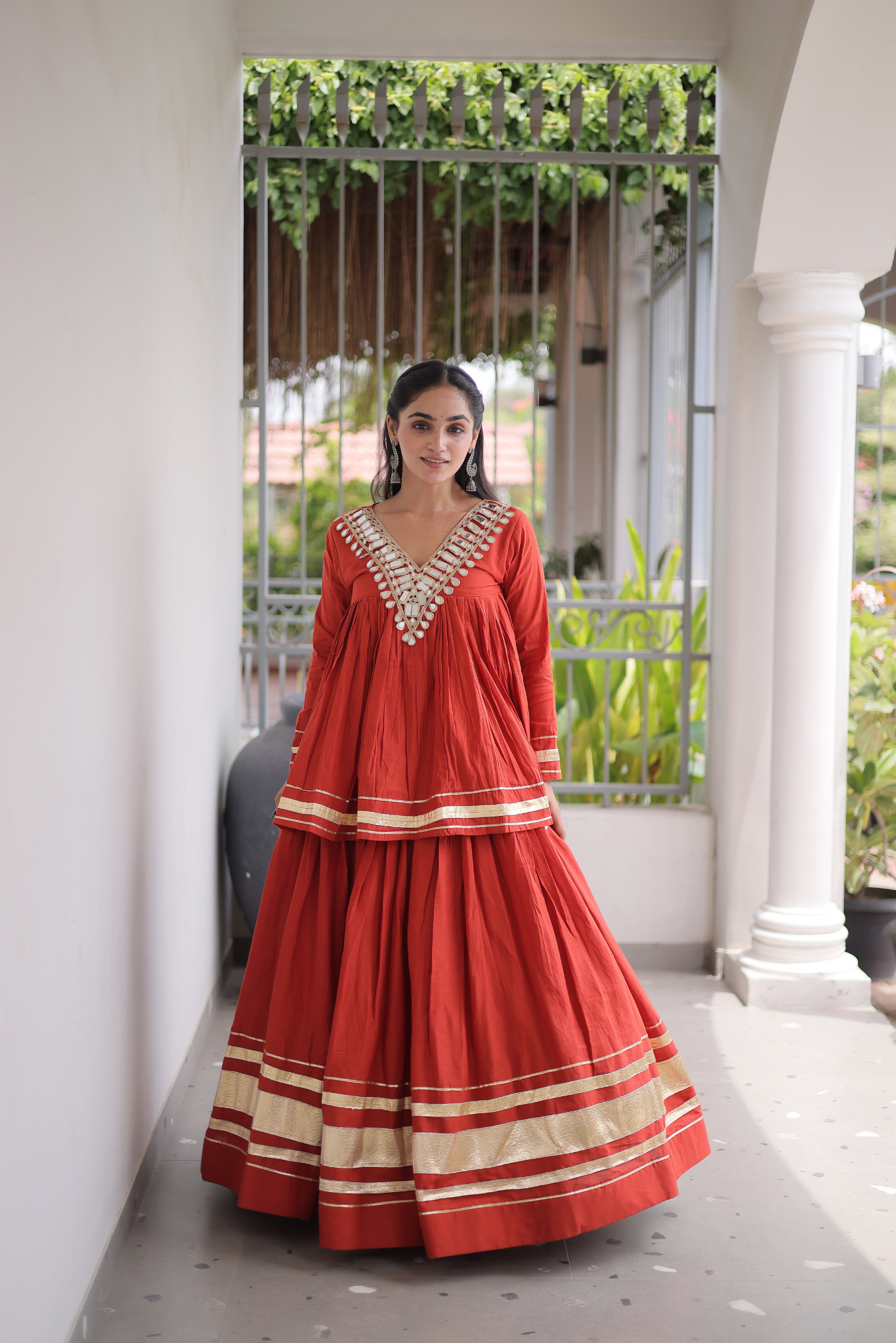 Women's Designer Ethnic Co-Ord Set with Mirror Work Peplum Top & Long Flared Skirt