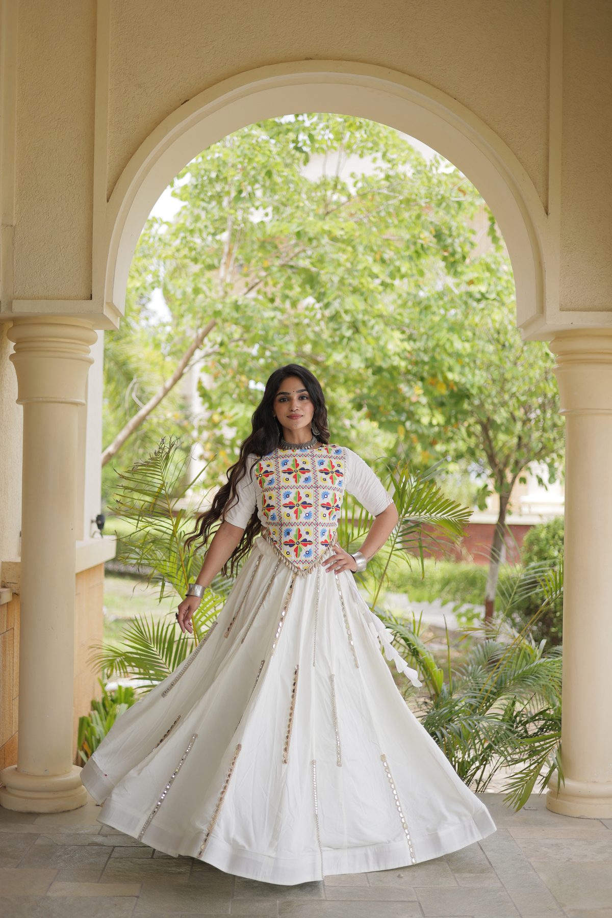 Designer Navratri Chaniya Choli with Embroidered Yoke & Mirror Work