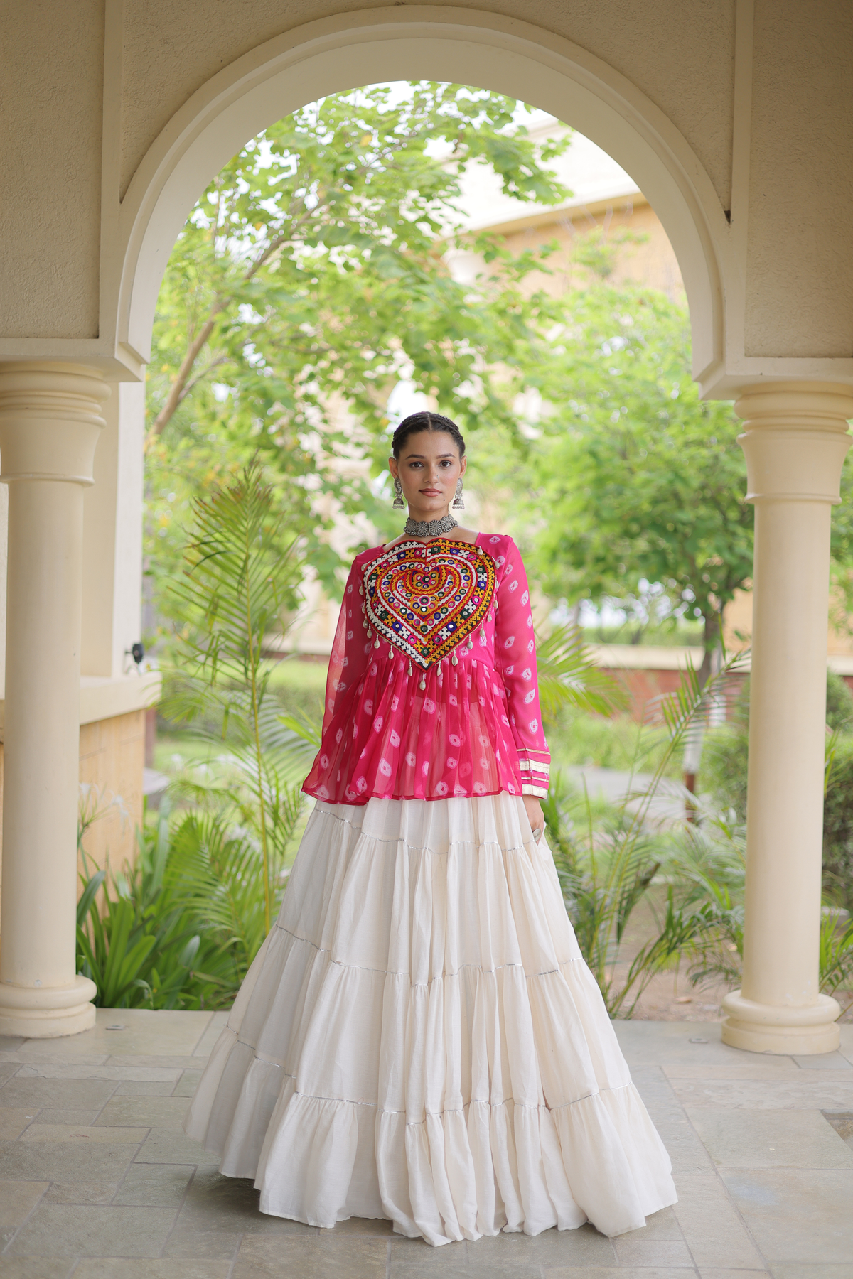 Women’s Designer Black Embroidered Peplum Top with White Flared Lehenga Skirt