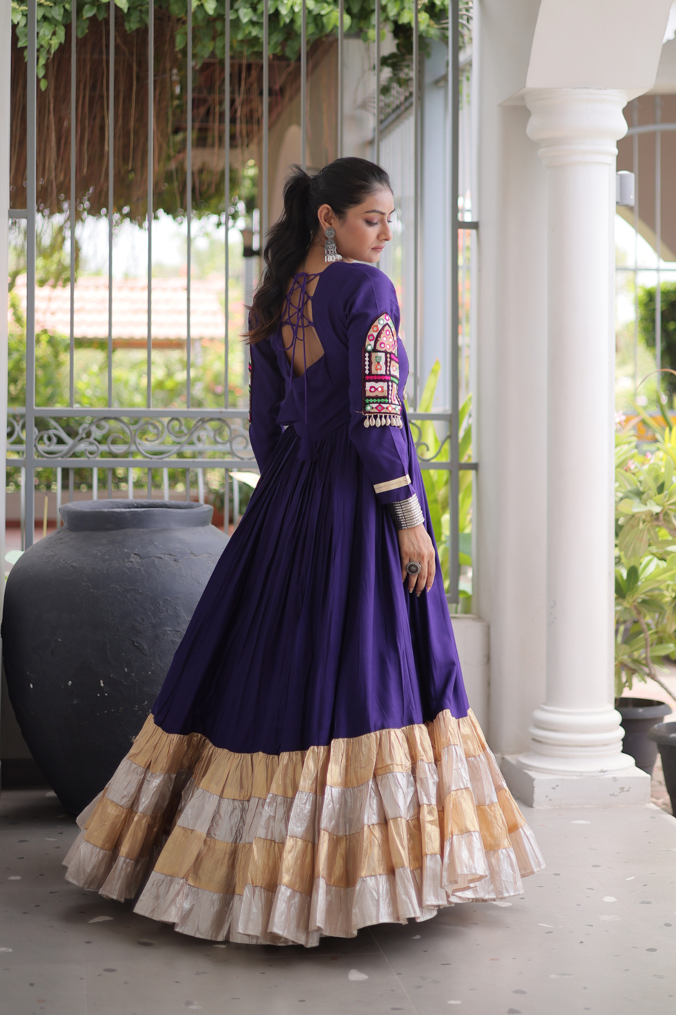 Women's Handcrafted Mirror Work Tiered Anarkali Gown