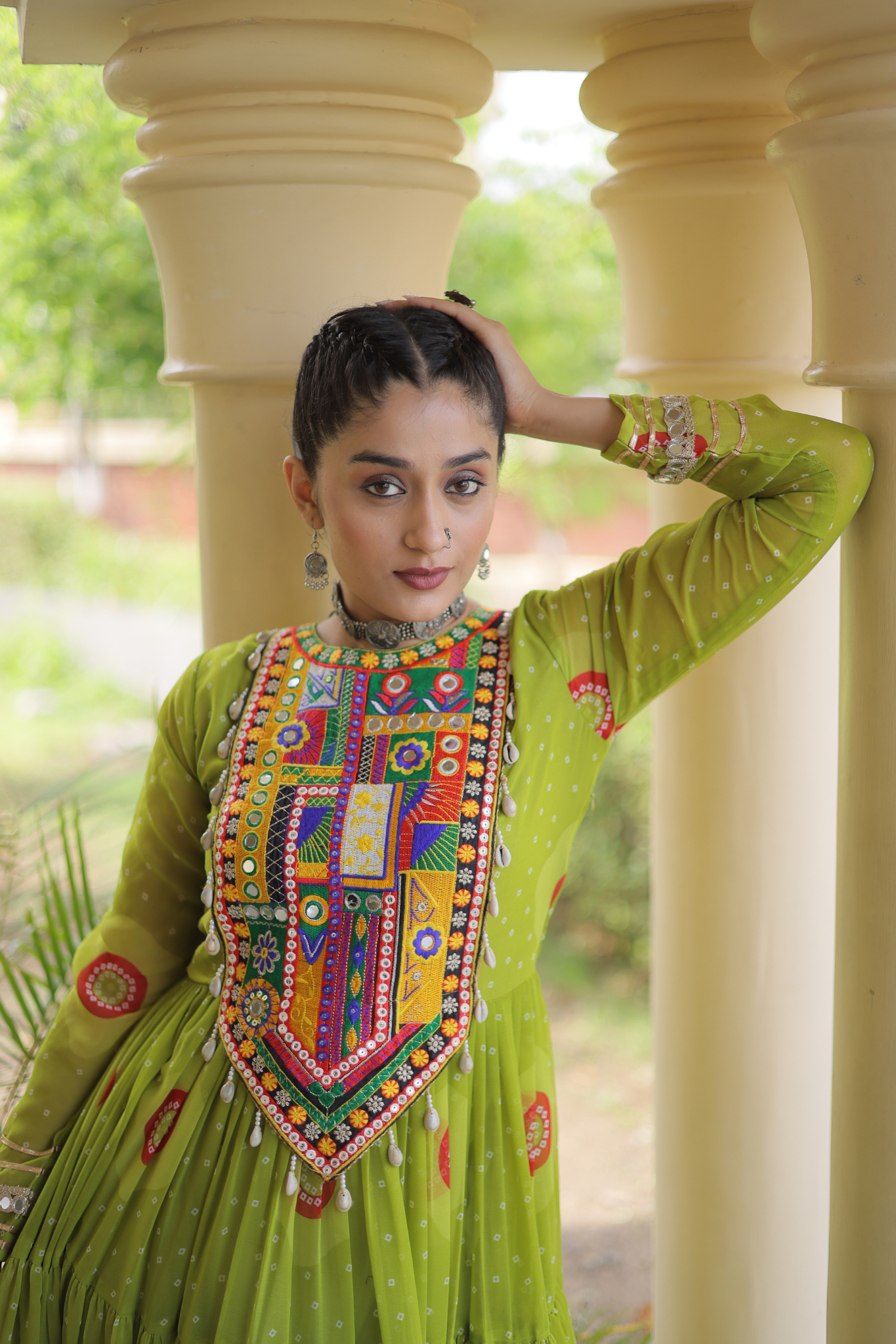 Women's Designer Kutchi Gamthi Embroidered Tiered Anarkali Gown with Mirror Work