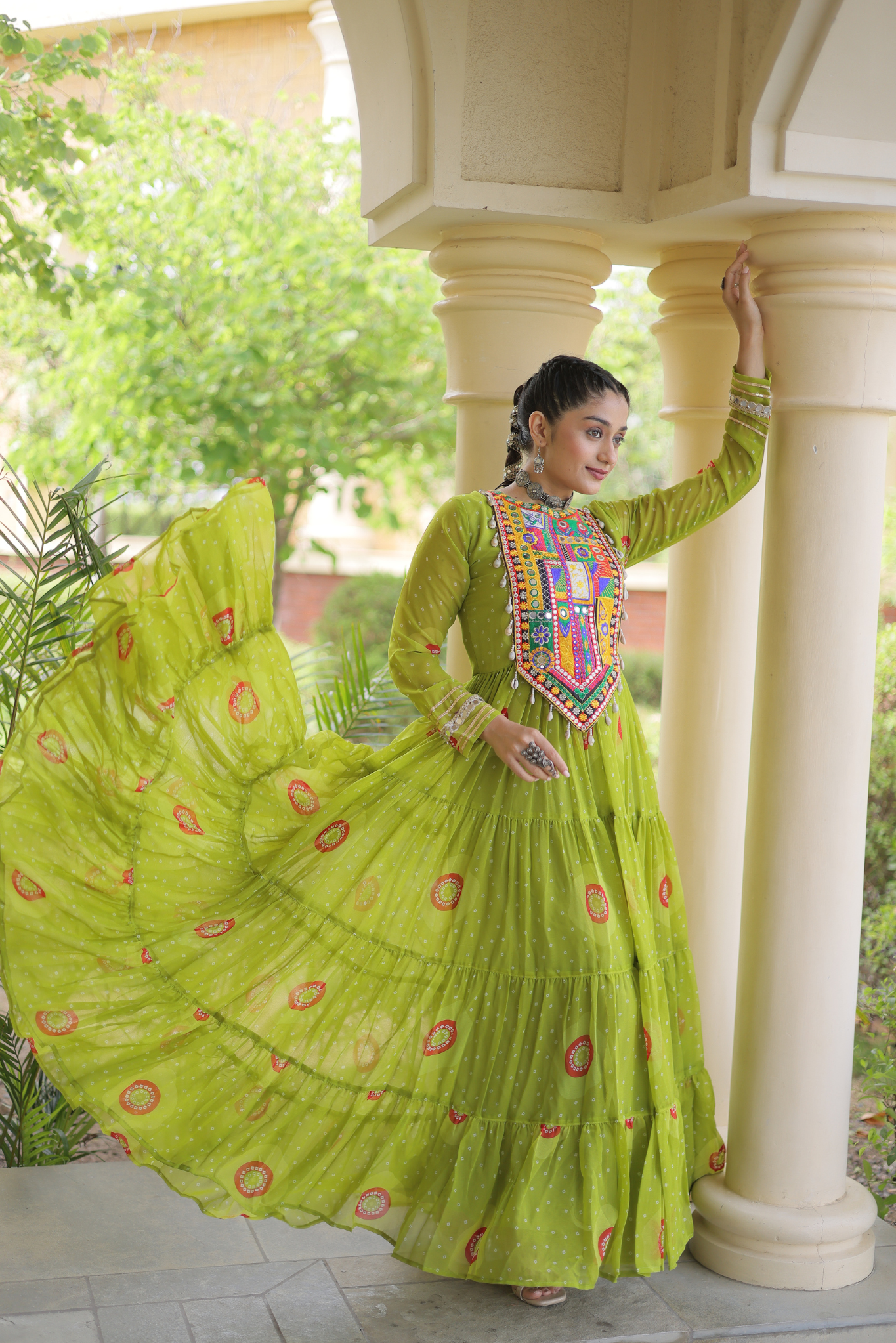 Women's Designer Kutchi Gamthi Embroidered Tiered Anarkali Gown with Mirror Work