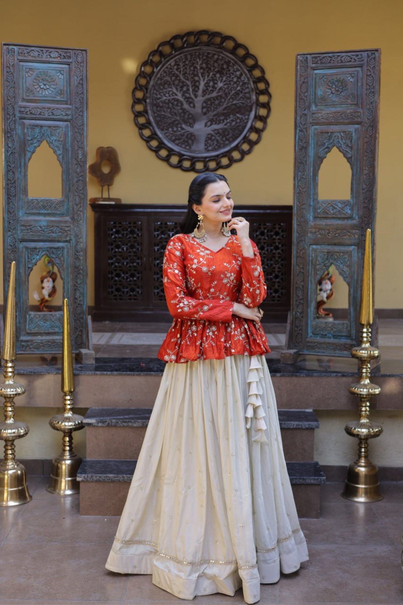 Women's Embroidered Peplum Top with Flared Skirt Set
