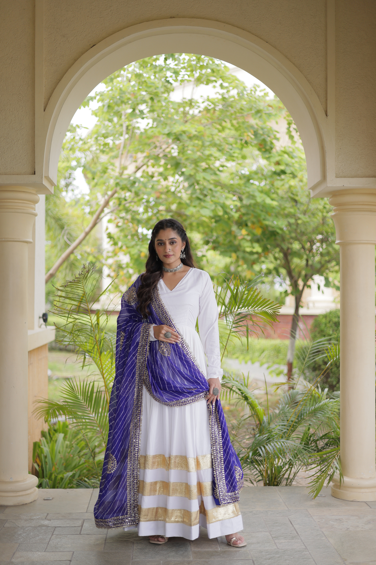 Elegant Anarkali Gown with Golden Border & Printed Dupatta