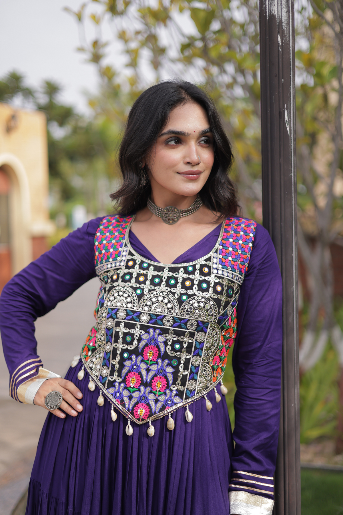 Designer Embroidered Koti Gown with Mirror Work & Flared Skirt