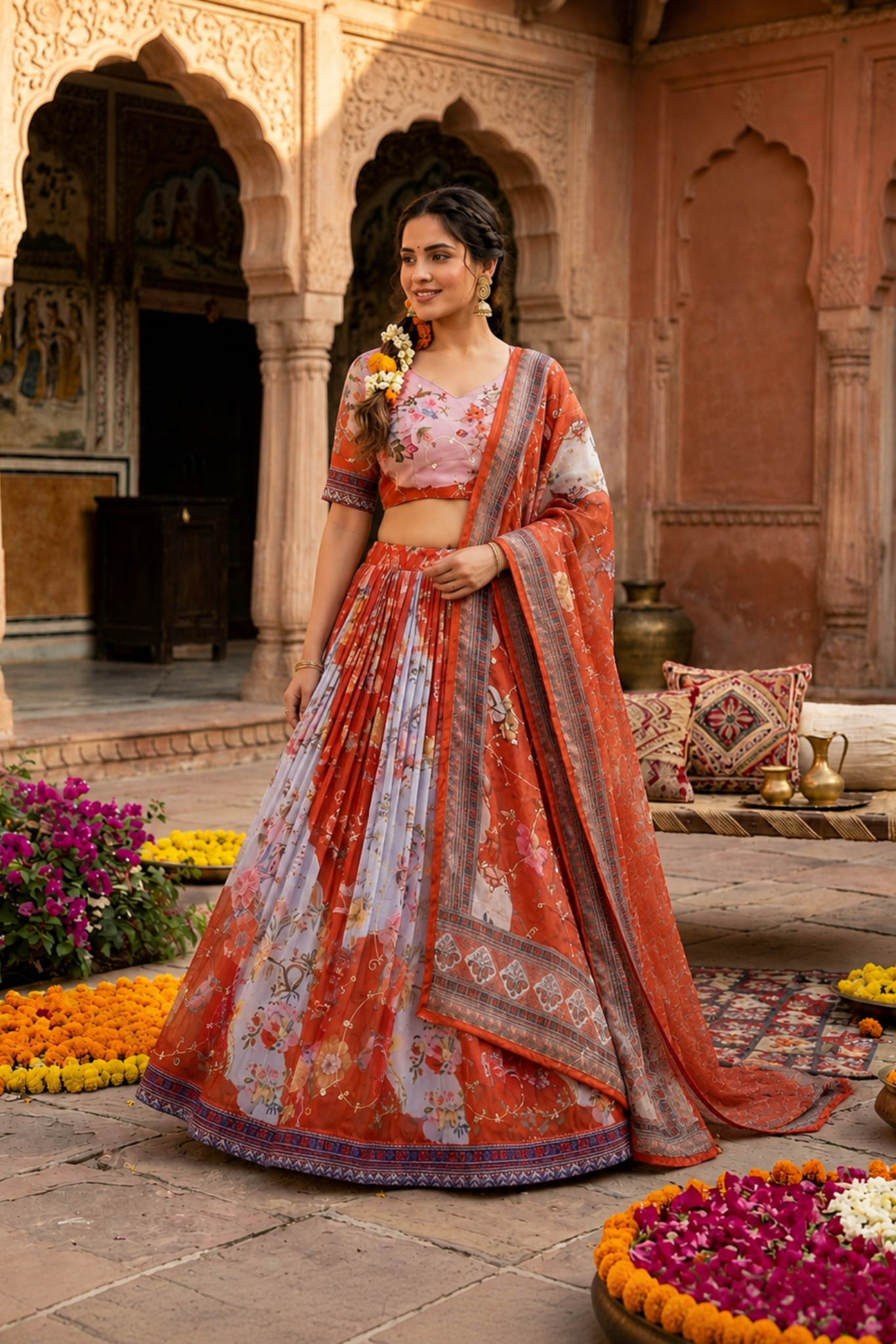 Premium Floral Printed Organza Lehenga Choli with Dupatta