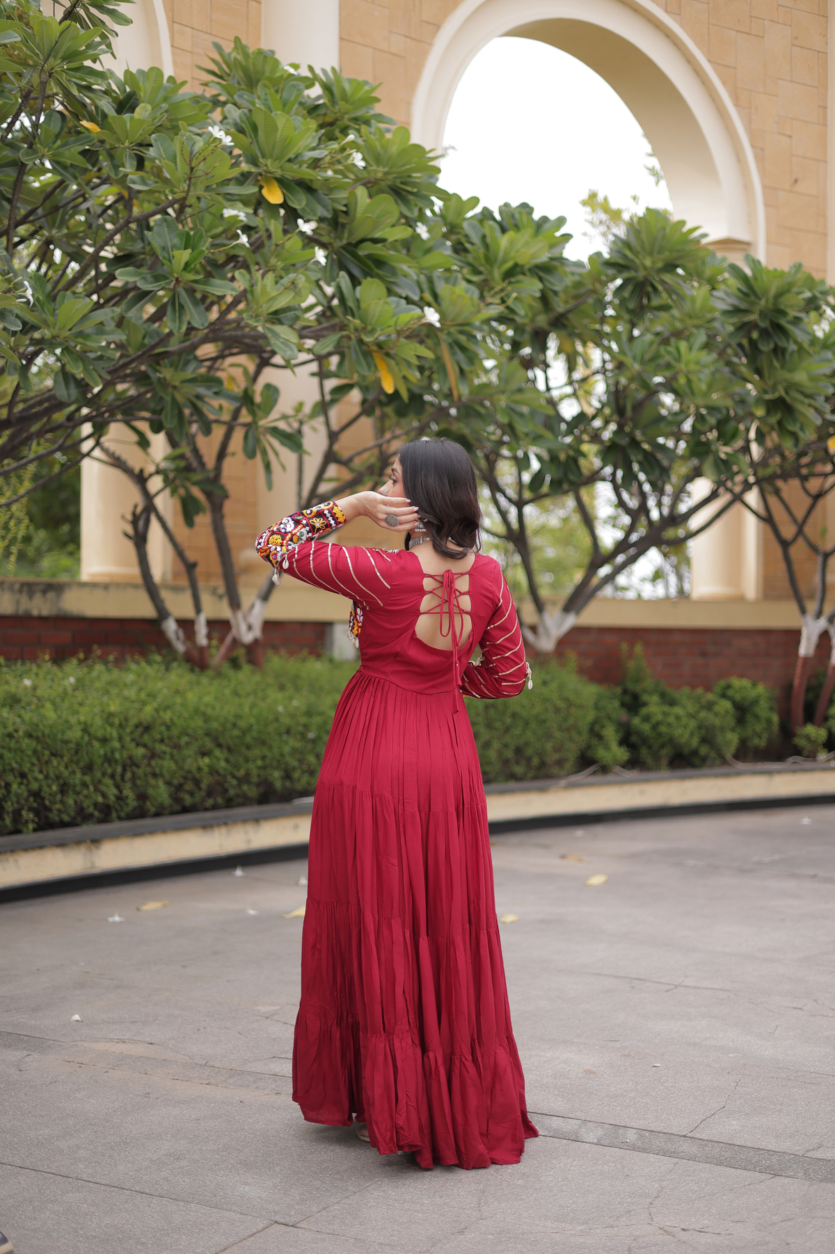 Designer Navratri Anarkali Gown with Traditional Handcrafted Yoke & Tassel Detailing