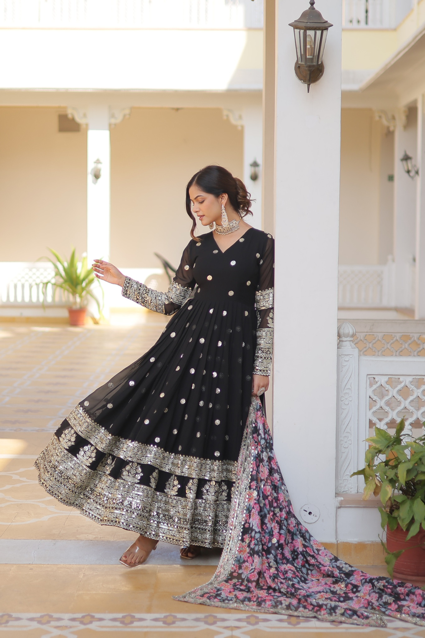 Women's Designer Sequins Embroidered Anarkali Gown with Floral Printed Dupatta