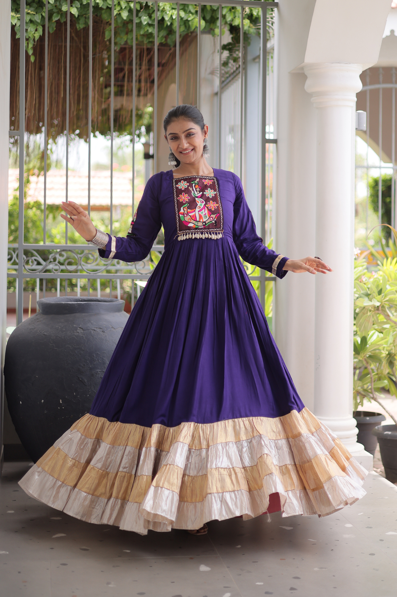 Women's Handcrafted Mirror Work Tiered Anarkali Gown