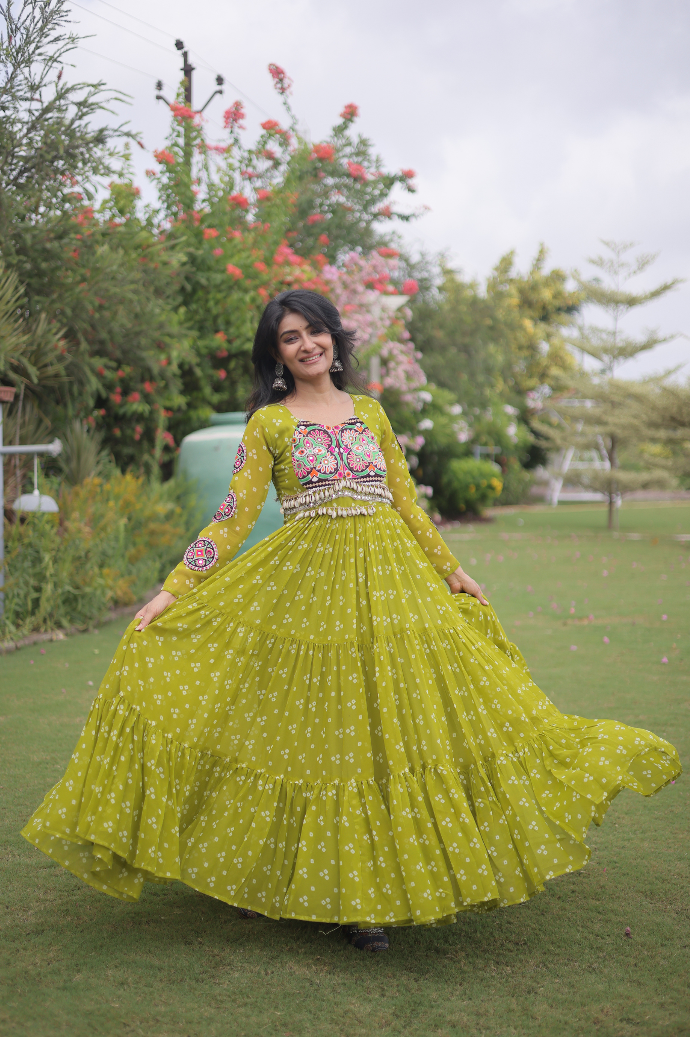 Women's Handcrafted Mirror Work Tiered Anarkali Gown