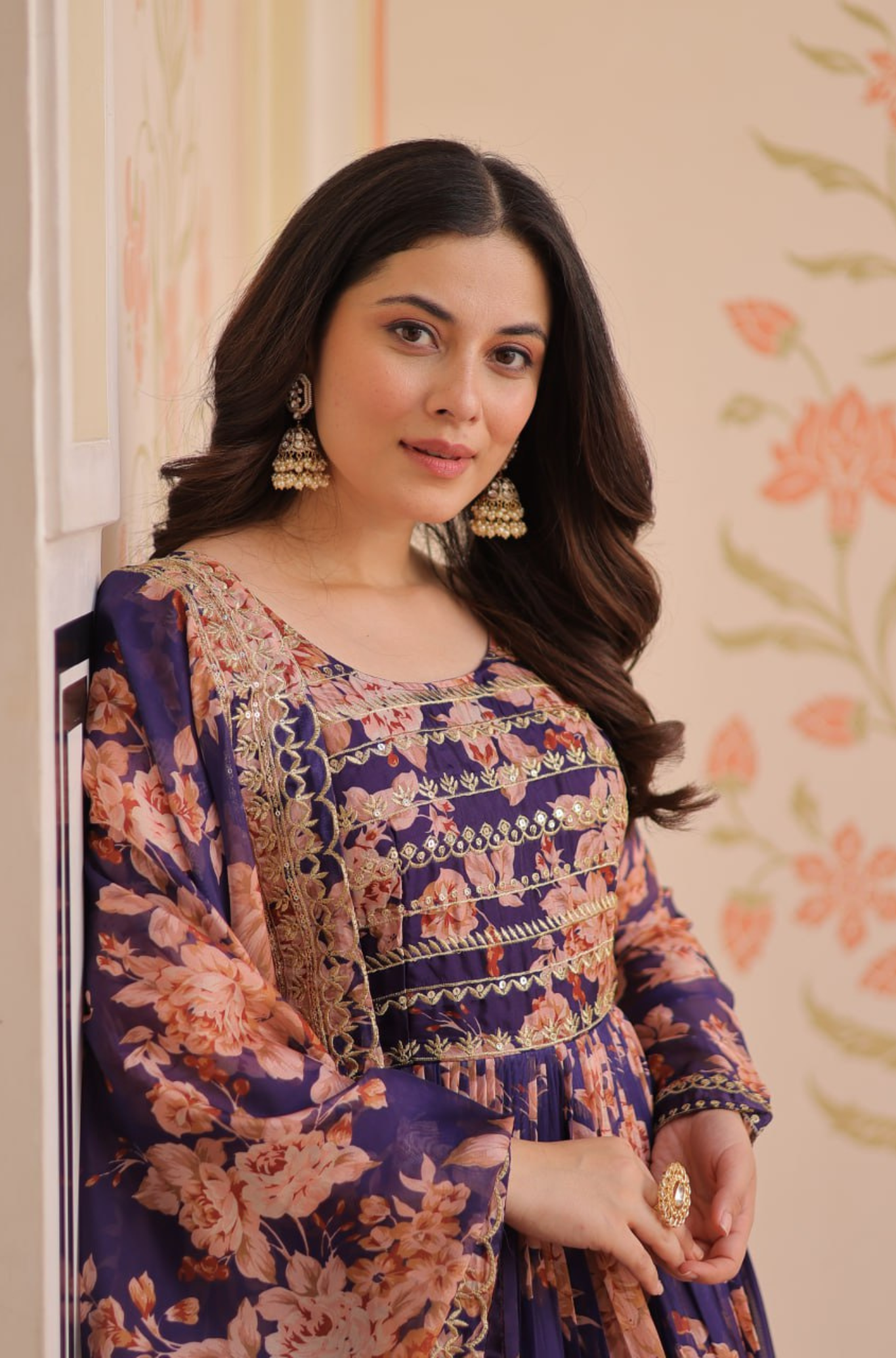 Women's Designer Floral Anarkali Gown Dupatta Set