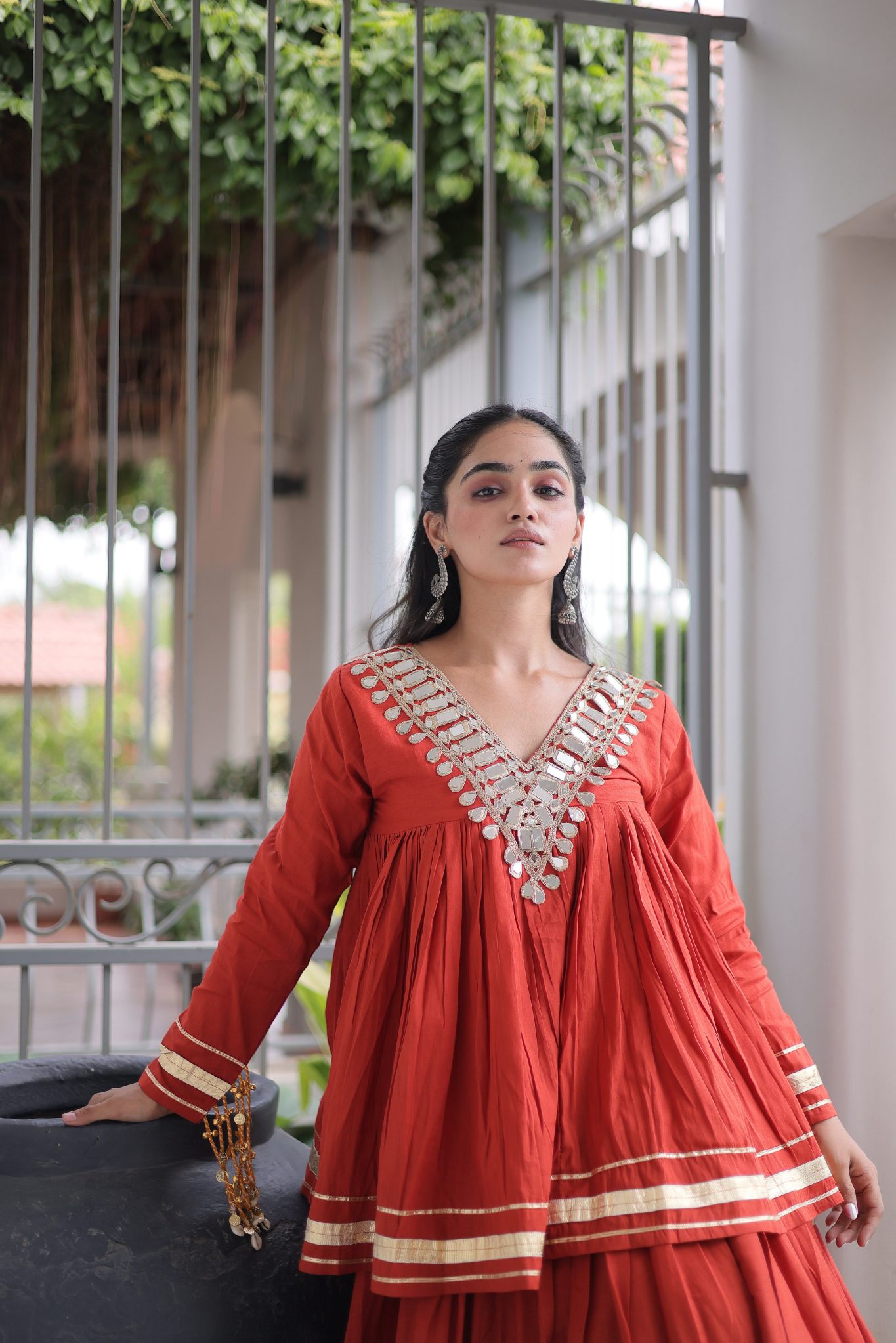 Women's Designer Ethnic Co-Ord Set with Mirror Work Peplum Top & Long Flared Skirt