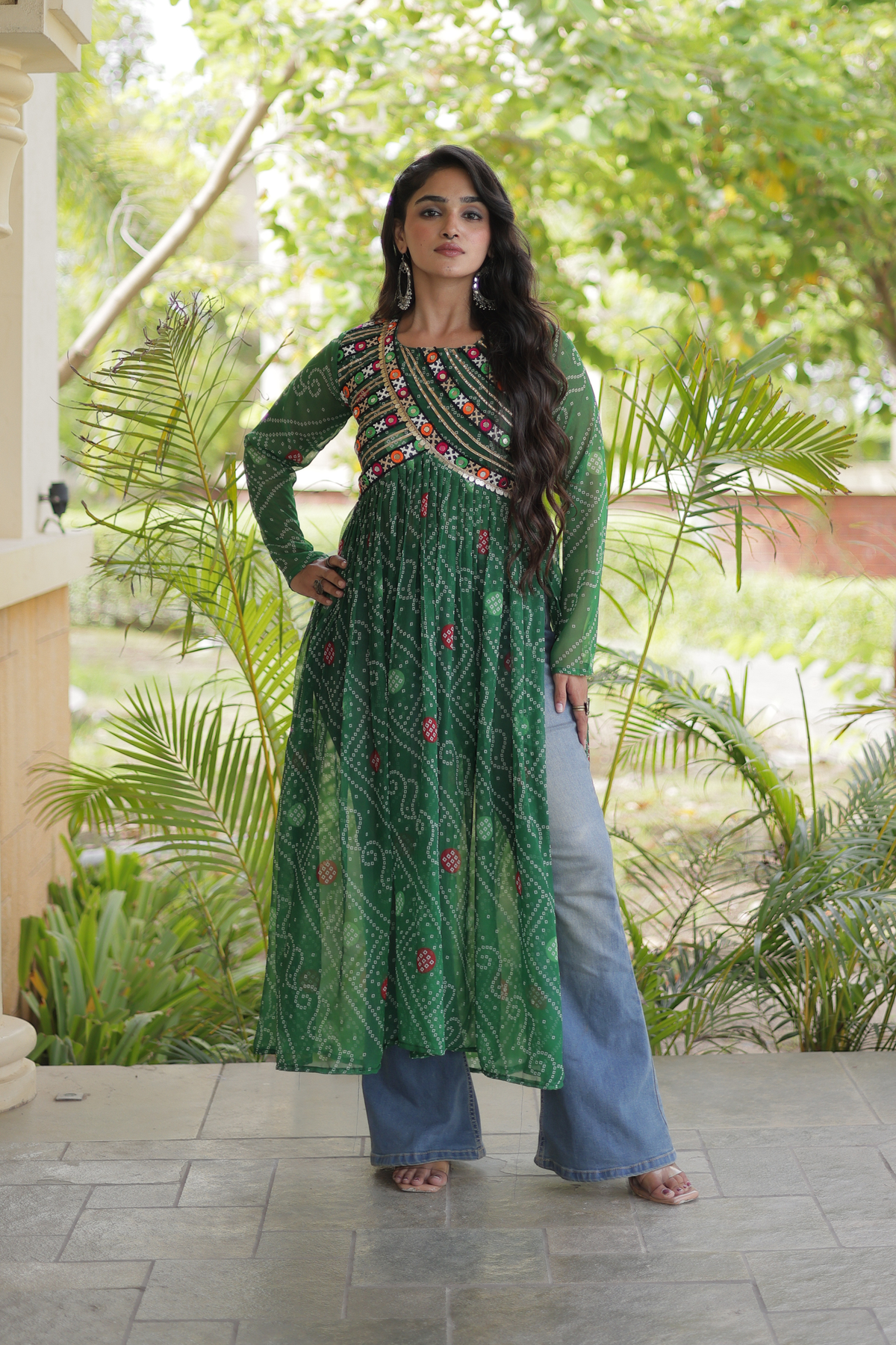 Women’s Long Anarkali Kurti with Ethnic Print & Embroidery