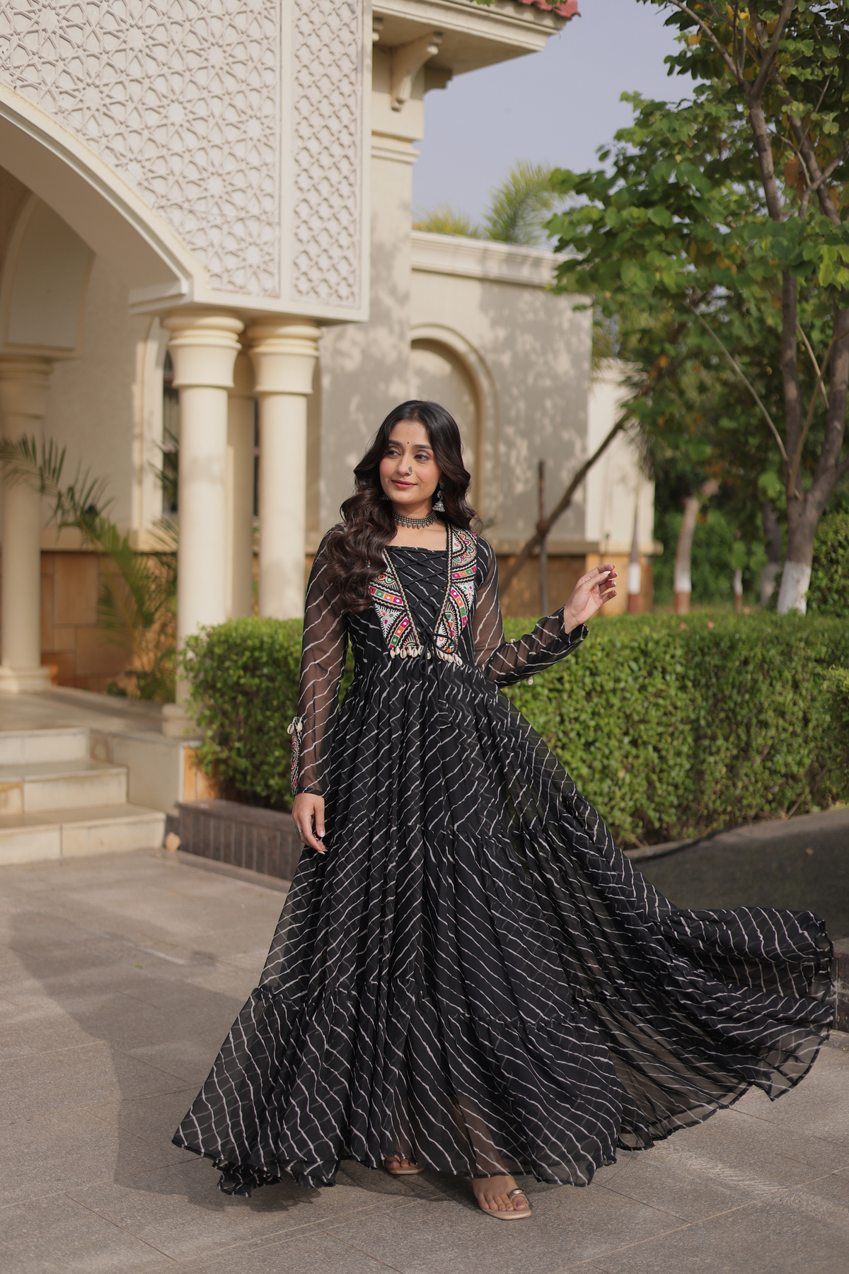 Designer Printed Anarkali Gown with Embroidered Yoke & Flared Skirt