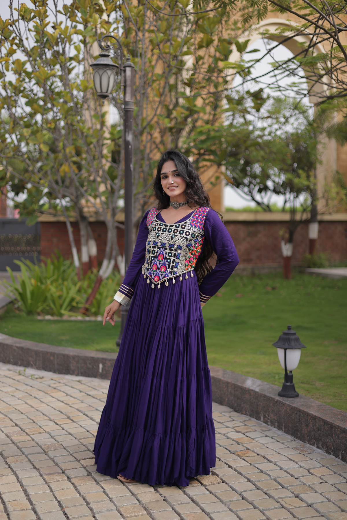 Designer Embroidered Koti Gown with Mirror Work & Flared Skirt