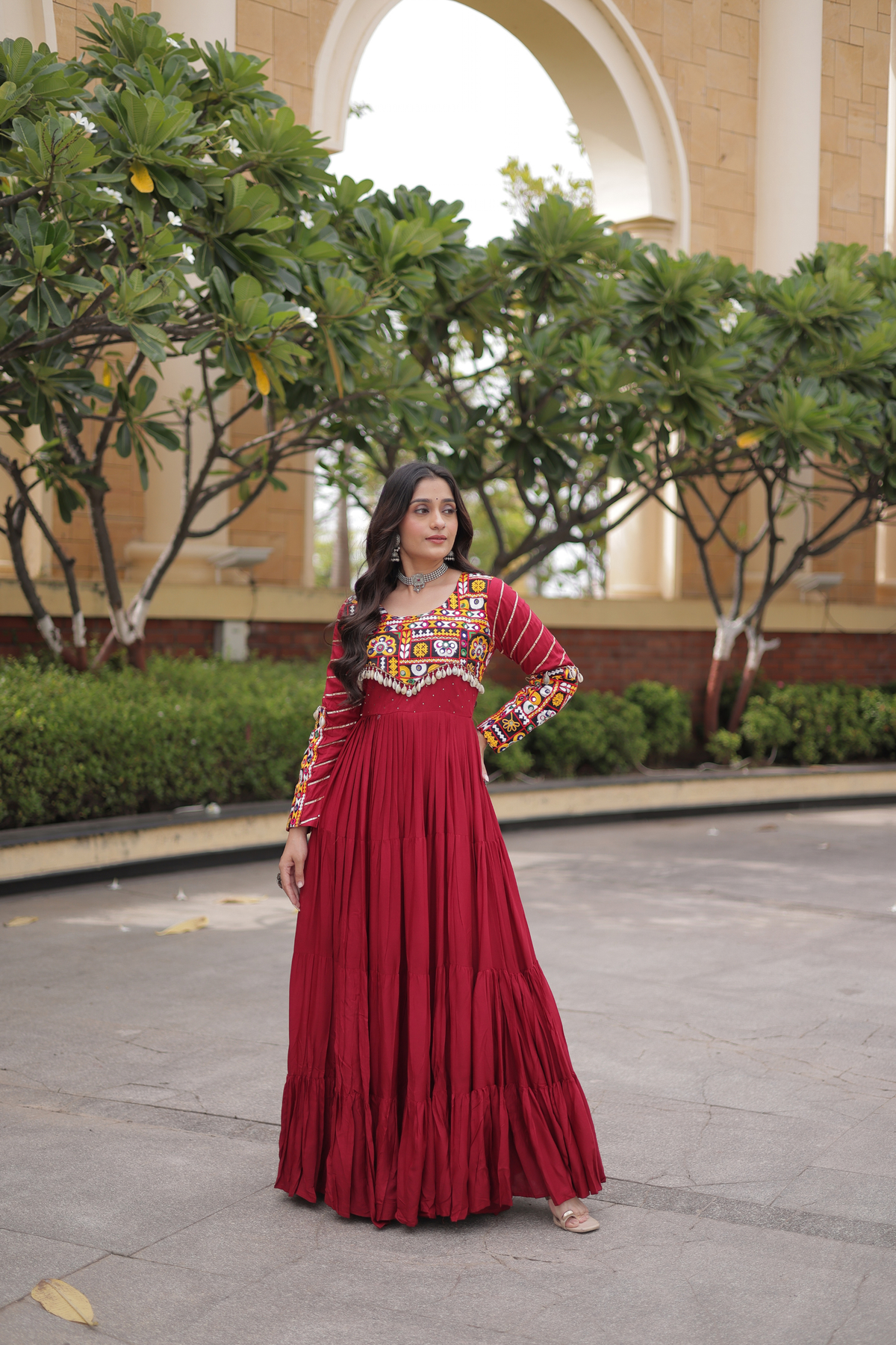 Designer Navratri Anarkali Gown with Traditional Handcrafted Yoke & Tassel Detailing