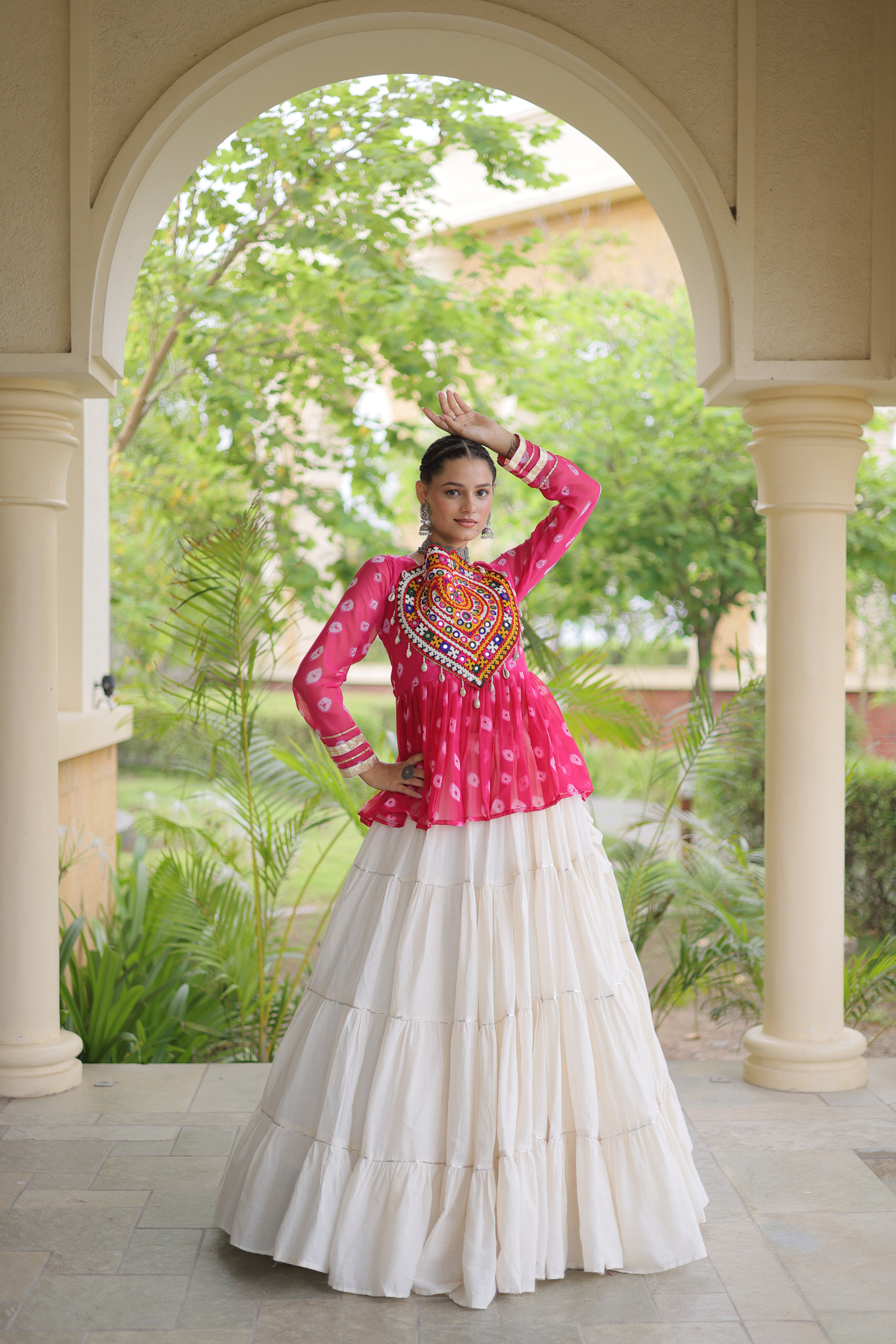 Women’s Designer Black Embroidered Peplum Top with White Flared Lehenga Skirt