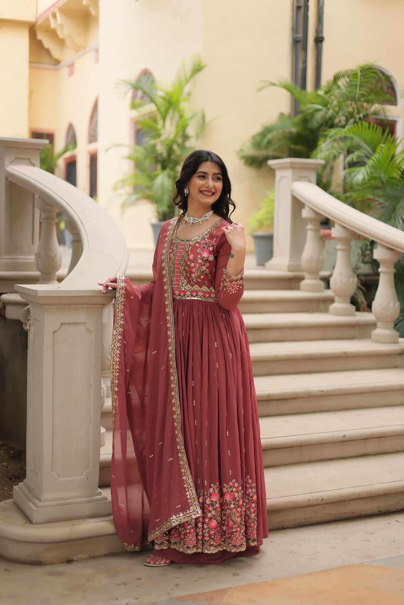 Women's Designer Floral Embroidered Anarkali Gown with Dupatta