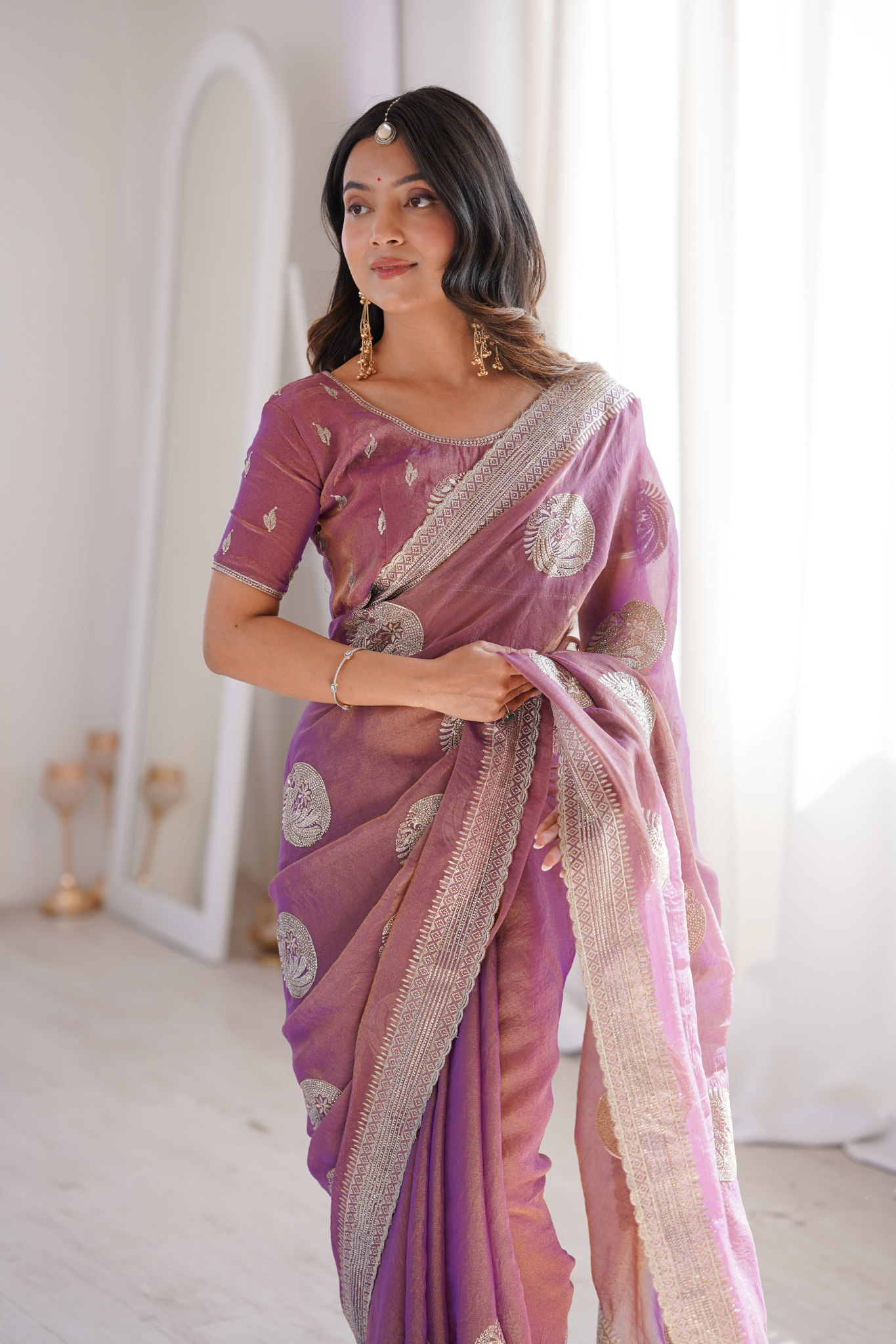 Women Organza Saree with Silver Zari Embroidery Border