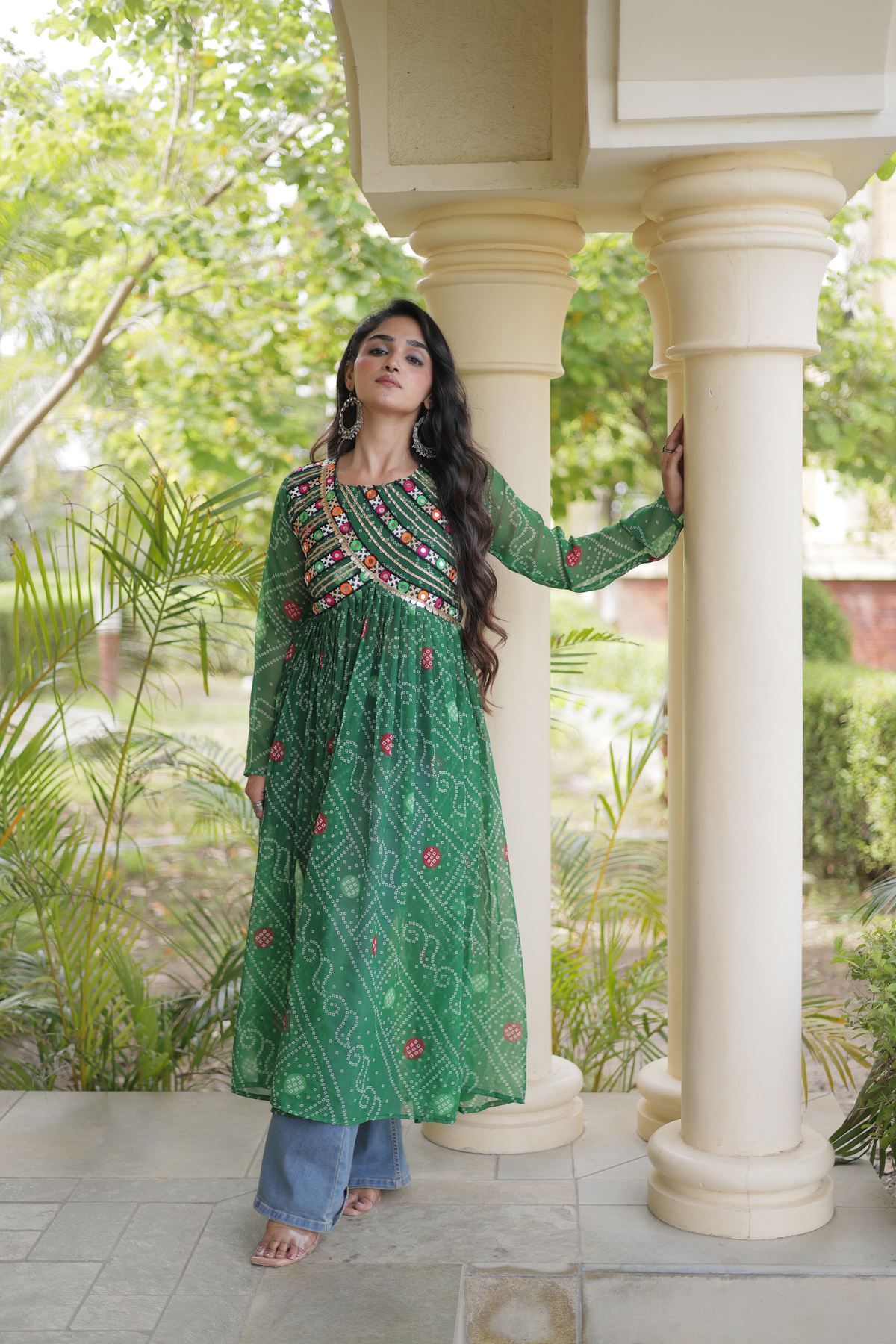 Women’s Long Anarkali Kurti with Ethnic Print & Embroidery