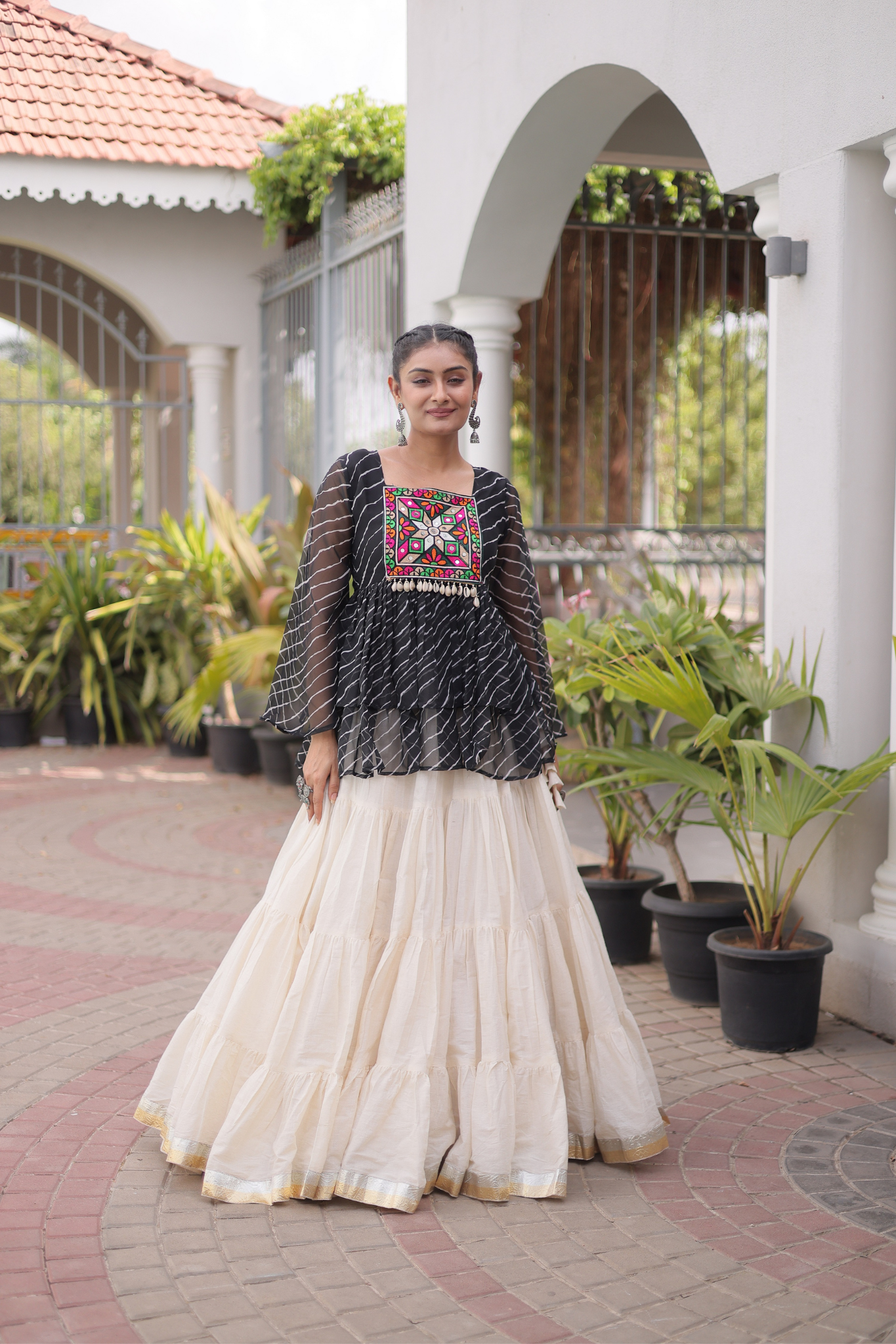 Women's Designer Kutchi Gamthi Peplum Top with Tiered Lehenga Skirt Set