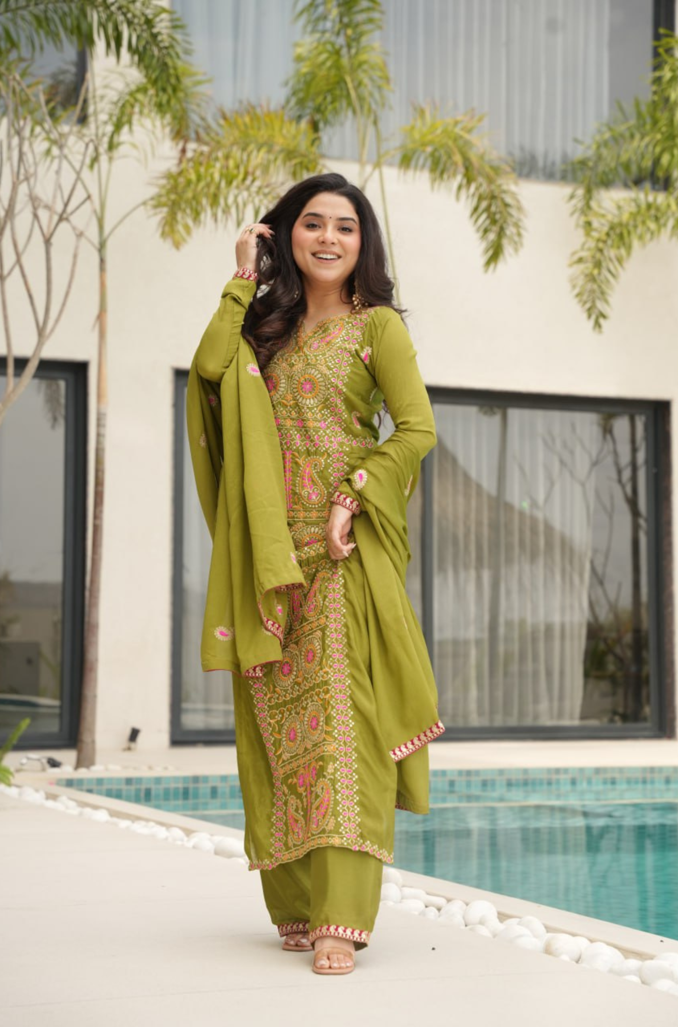 Designer Embroidered Kurta Pant Set with Dupatta