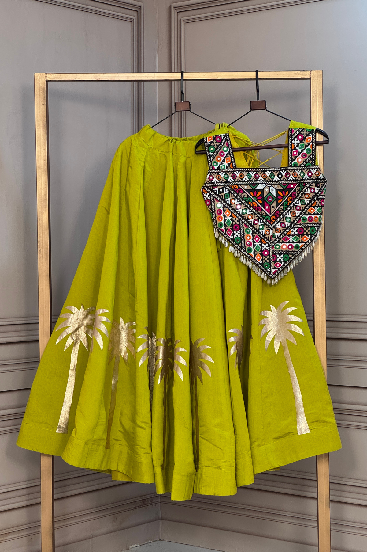 Navratri Special Foil Printed Lehenga Choli with Mirror Work & Flared Skirt