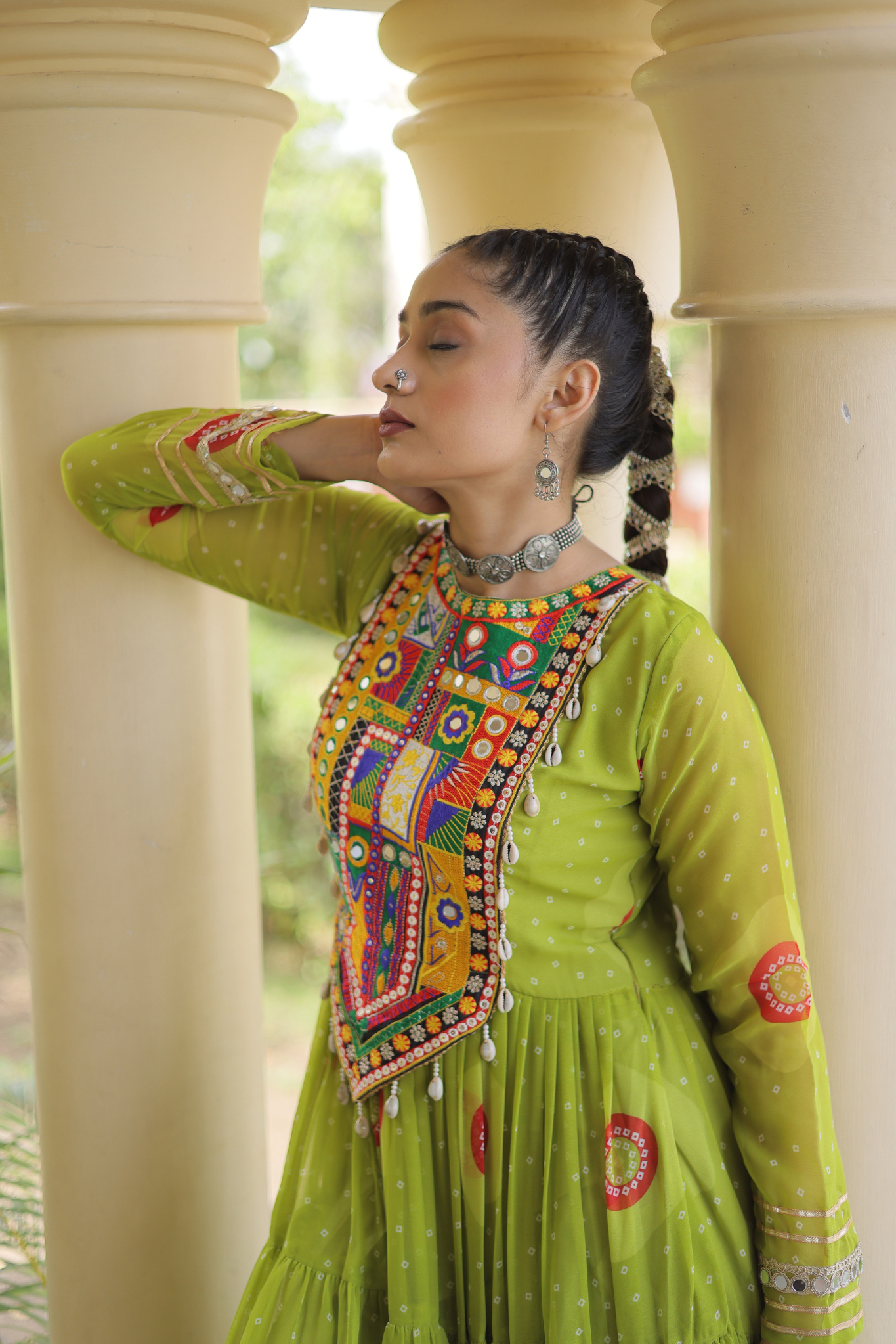 Women's Designer Kutchi Gamthi Embroidered Tiered Anarkali Gown with Mirror Work