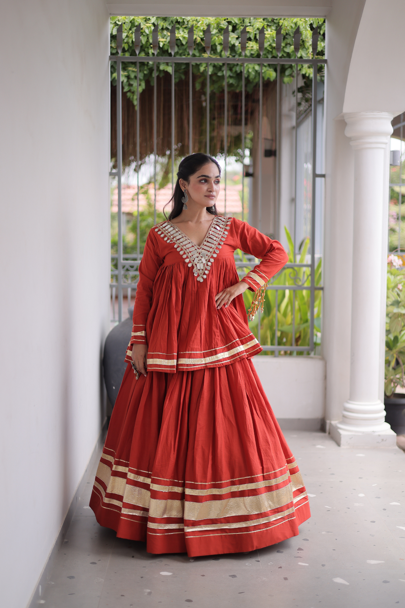 Women's Designer Ethnic Co-Ord Set with Mirror Work Peplum Top & Long Flared Skirt