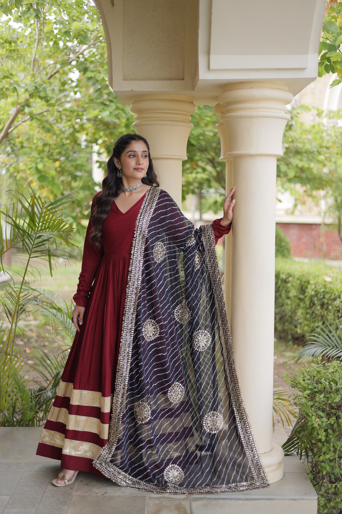 Elegant Anarkali Gown with Golden Border & Printed Dupatta