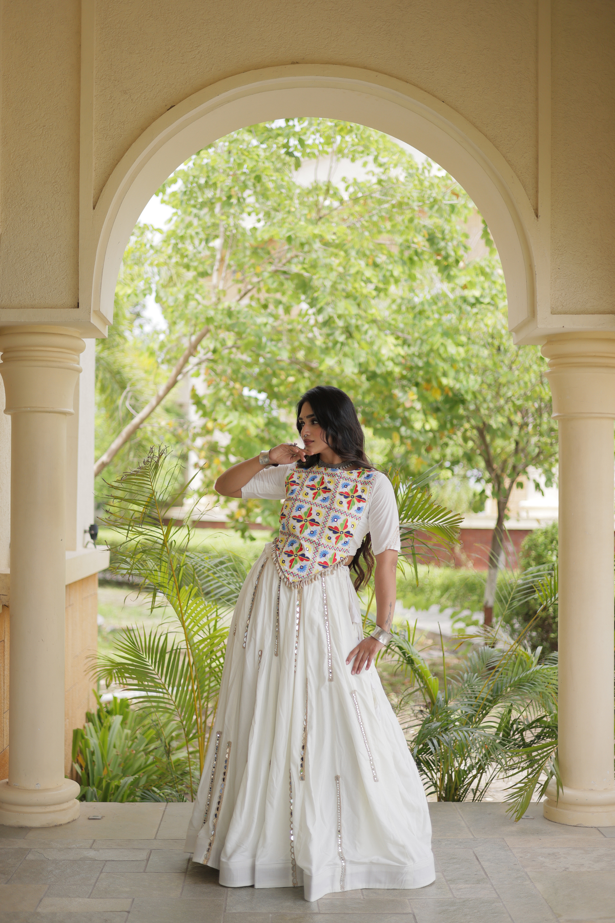 Designer Navratri Chaniya Choli with Embroidered Yoke & Mirror Work