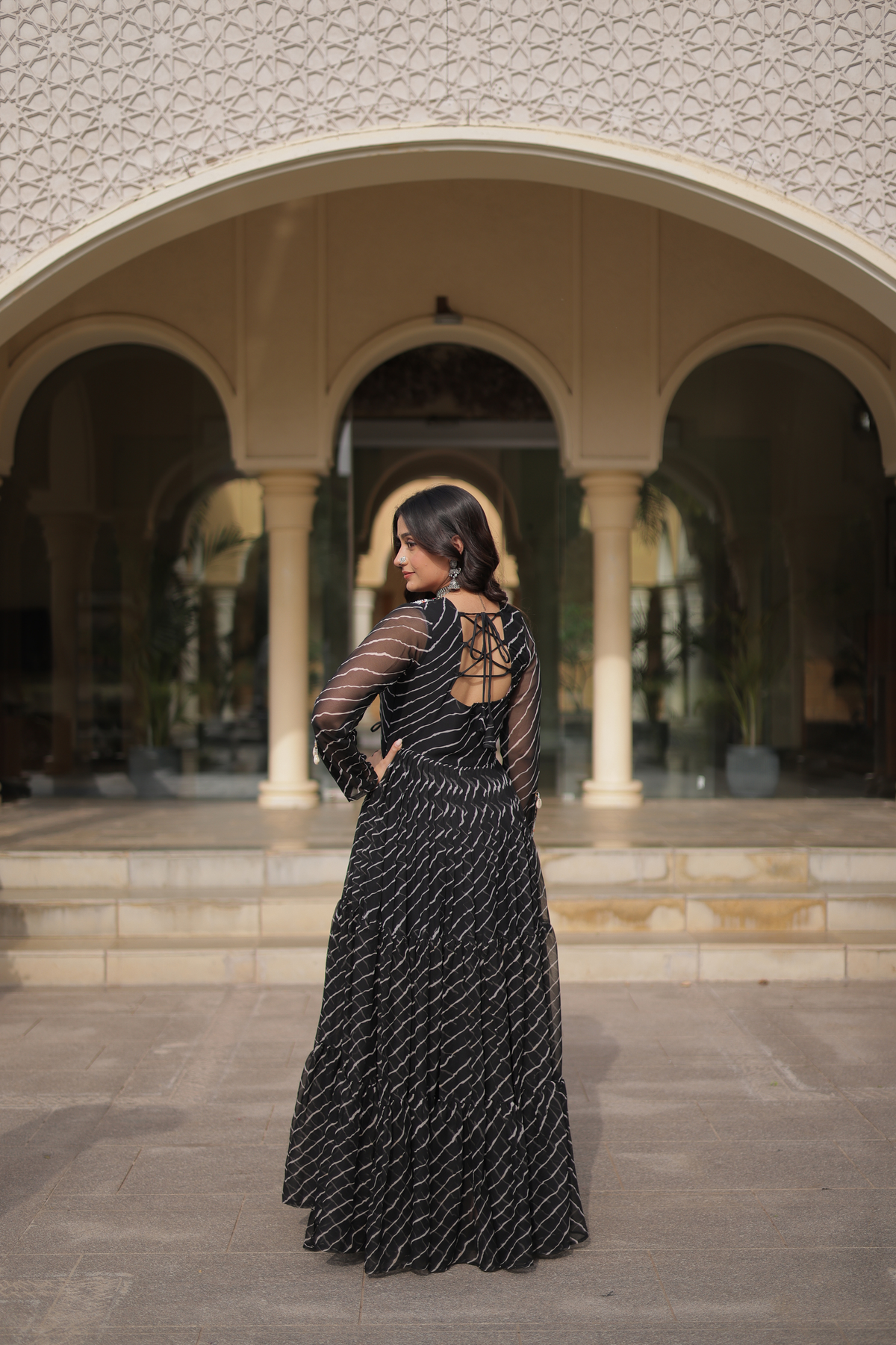 Designer Printed Anarkali Gown with Embroidered Yoke & Flared Skirt