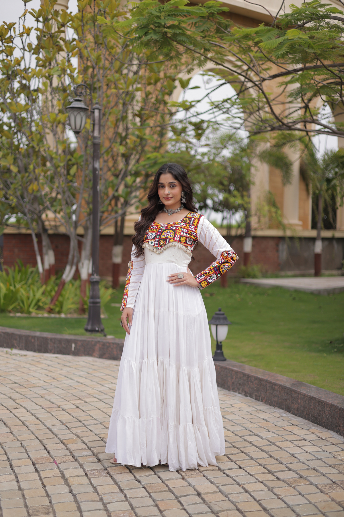 Designer Navratri Anarkali Gown with Traditional Handcrafted Yoke & Tassel Detailing