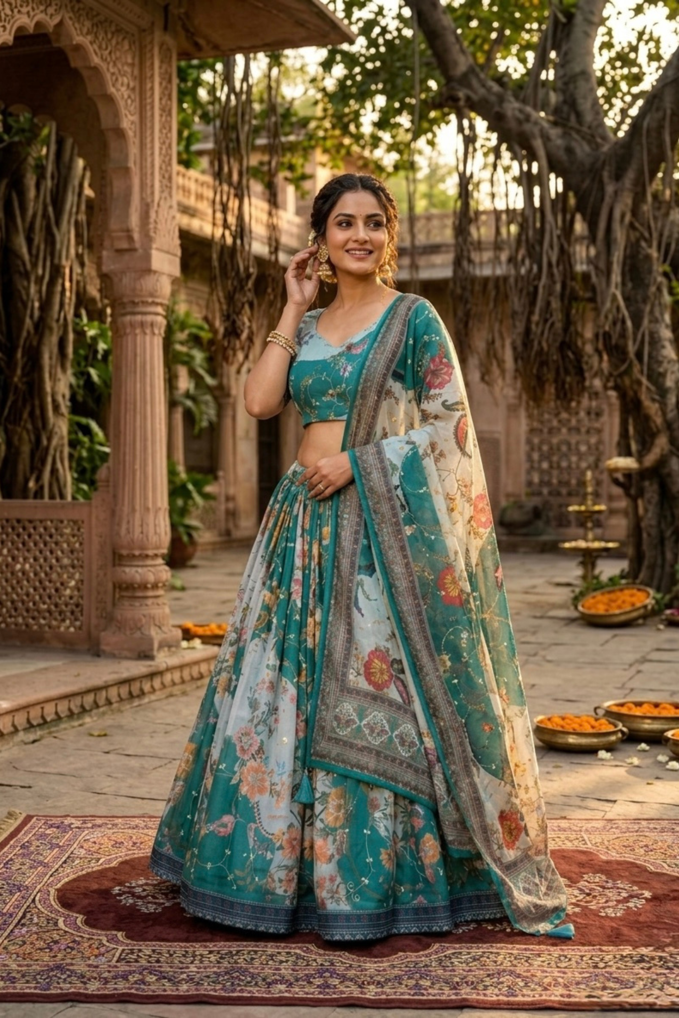 Premium Floral Printed Organza Lehenga Choli with Dupatta