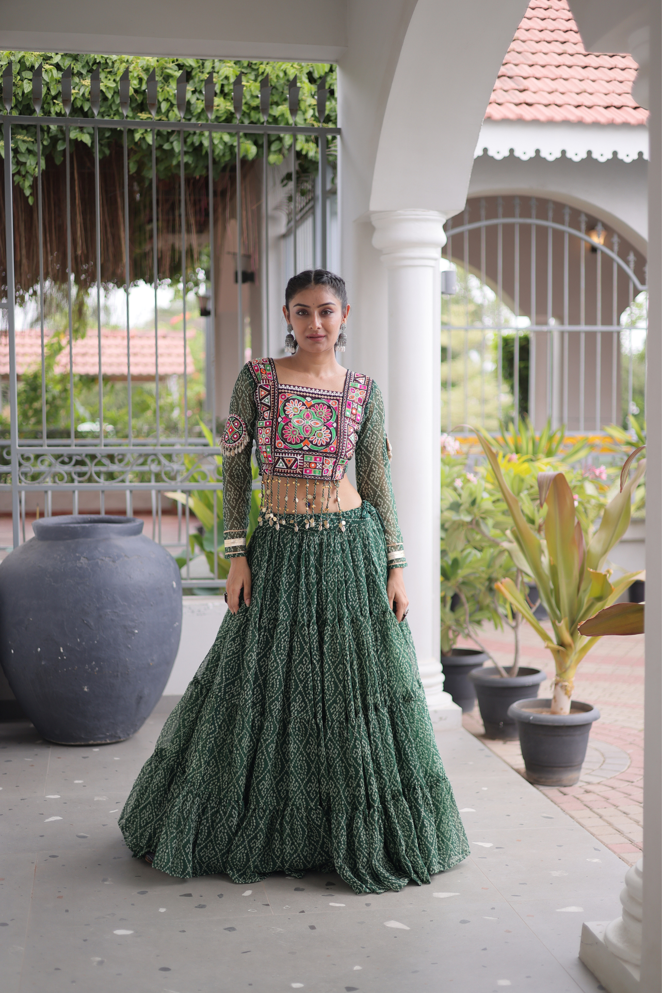 Women's Bandhani Printed Navratri Lehenga Choli Set with Kutchi Gamthi Embroidered Mirror Work Blouse