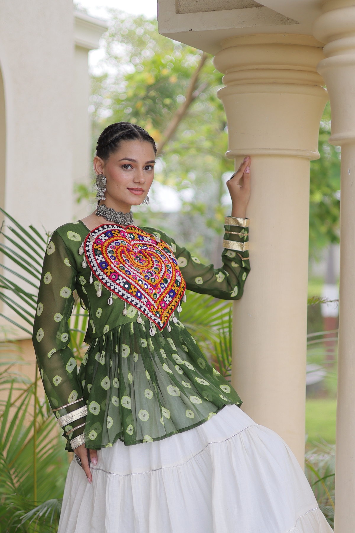 Women’s Designer Black Embroidered Peplum Top with White Flared Lehenga Skirt