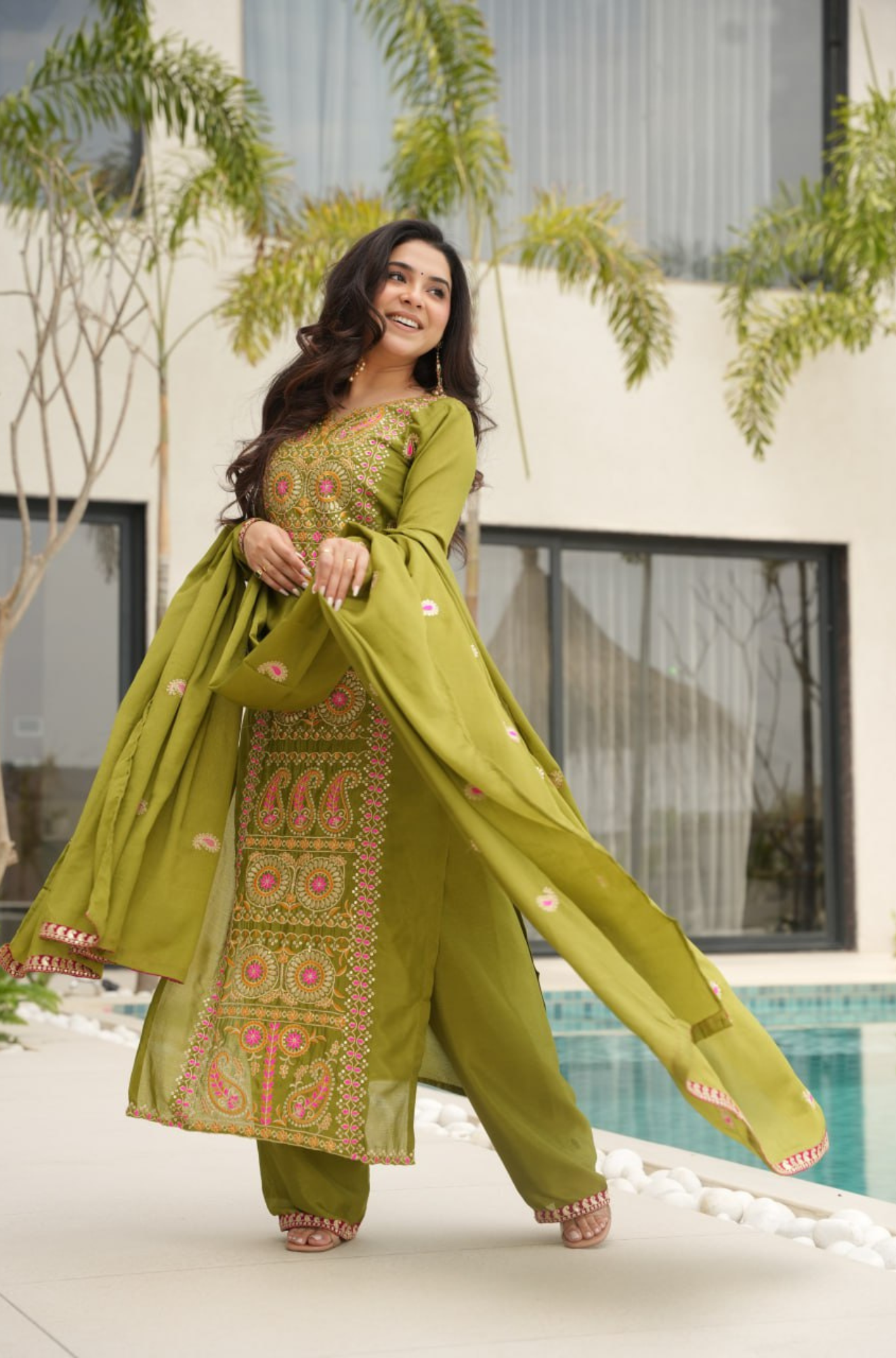 Designer Embroidered Kurta Pant Set with Dupatta