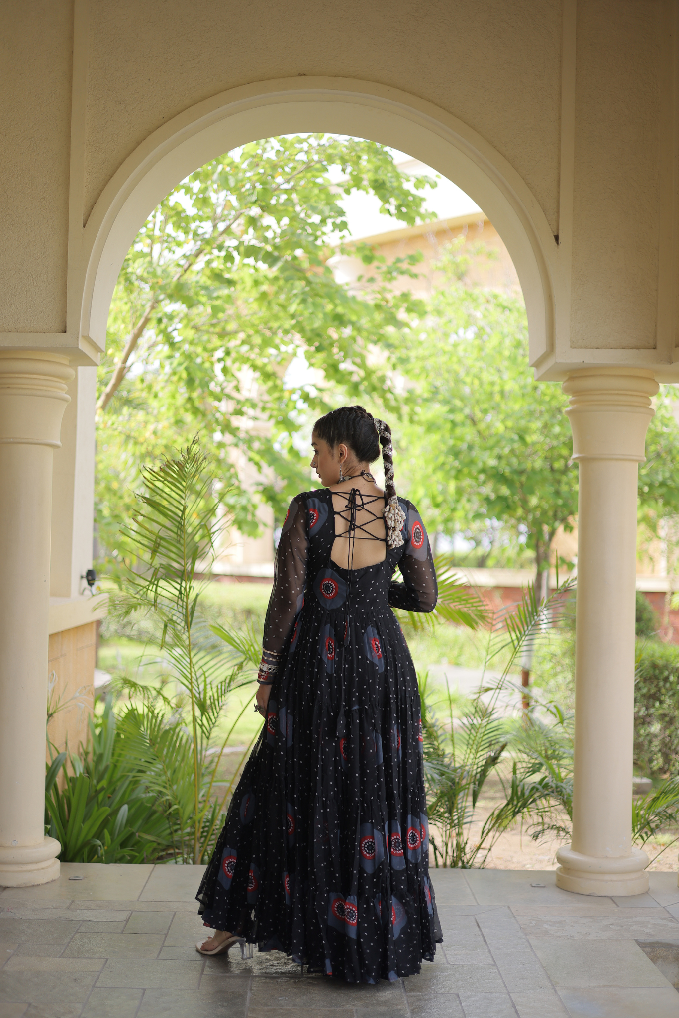 Women's Designer Kutchi Gamthi Embroidered Tiered Anarkali Gown with Mirror Work