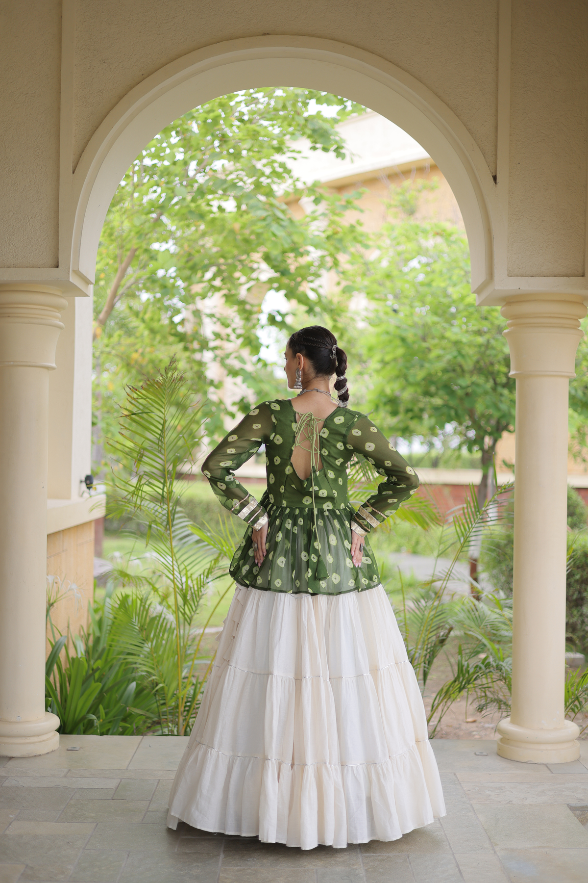 Women’s Designer Black Embroidered Peplum Top with White Flared Lehenga Skirt