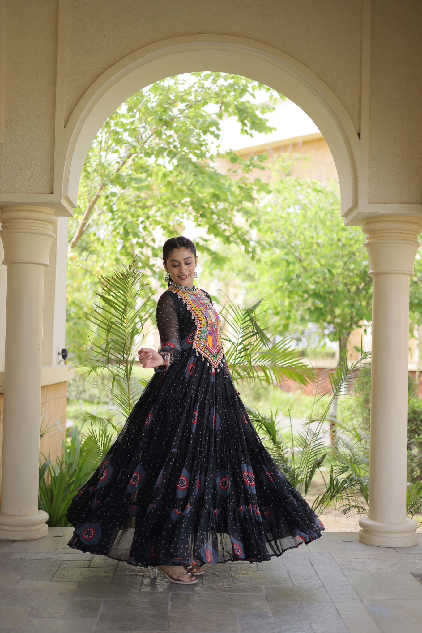 Women's Designer Kutchi Gamthi Embroidered Tiered Anarkali Gown with Mirror Work
