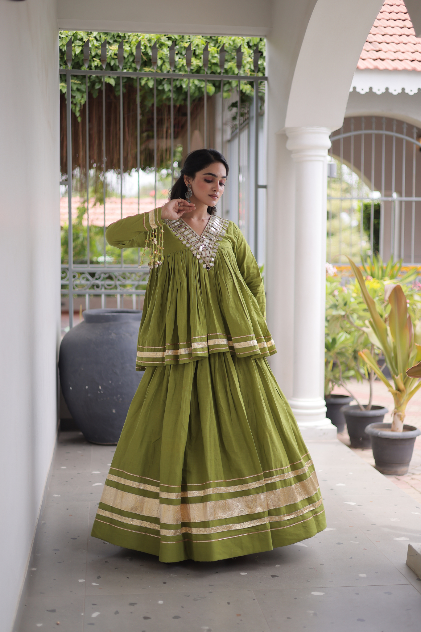 Women's Designer Ethnic Co-Ord Set with Mirror Work Peplum Top & Long Flared Skirt