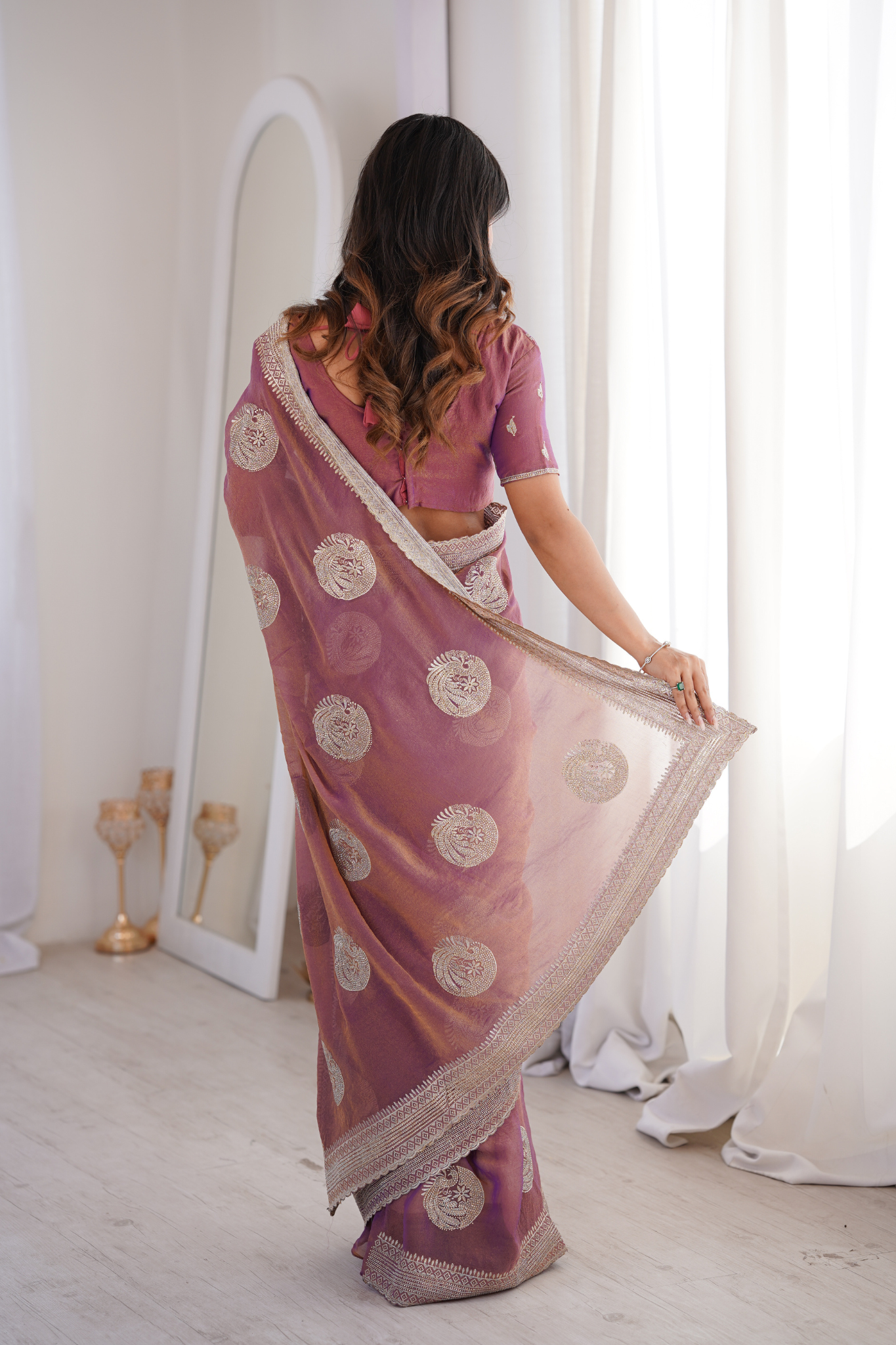 Women Organza Saree with Silver Zari Embroidery Border