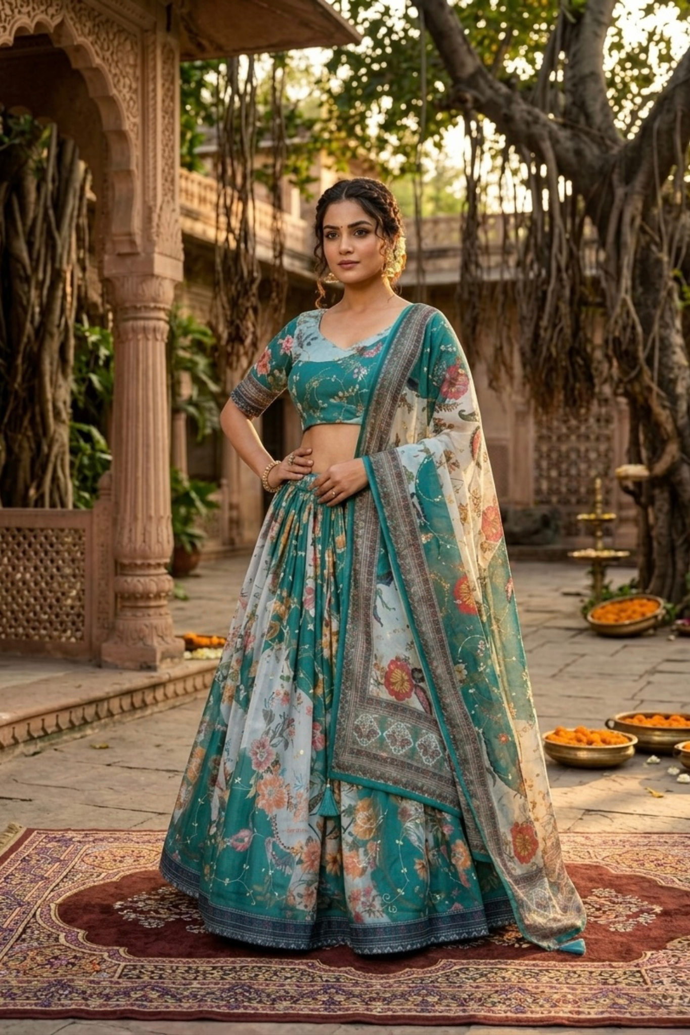 Premium Floral Printed Organza Lehenga Choli with Dupatta